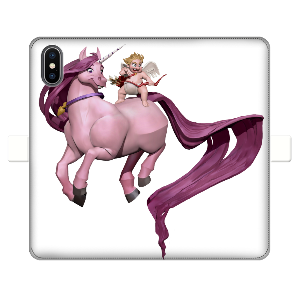 Horse and Baby Cupid Fully Printed Wallet Case showcasing vibrant UV-printed design on white faux leather with a black interior.