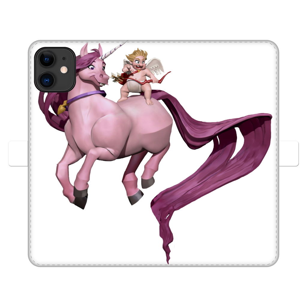 Horse and Baby Cupid Fully Printed Wallet Case showcasing vibrant UV-printed design on white faux leather with a black interior.