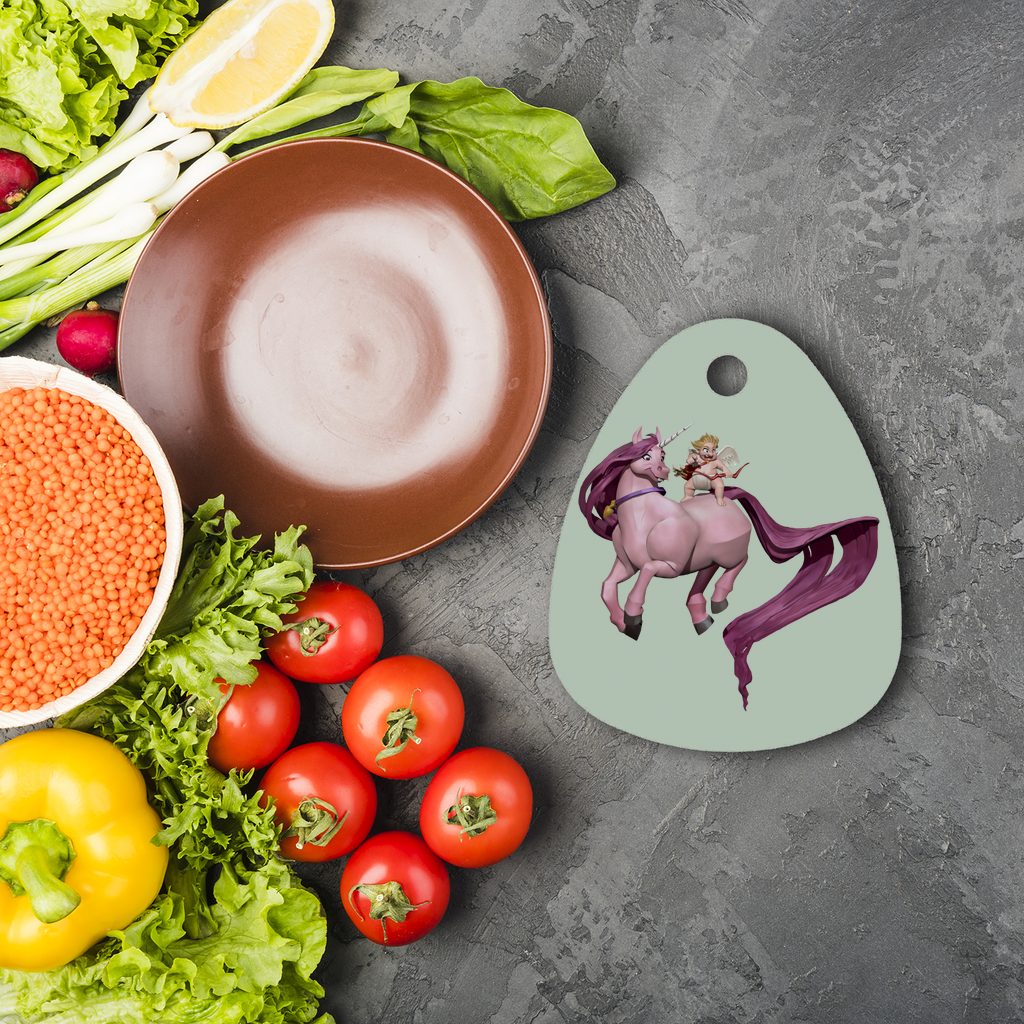 A round sublimation glass cutting board featuring a Horse and Baby Cupid design, showcasing vibrant colors and a durable surface.