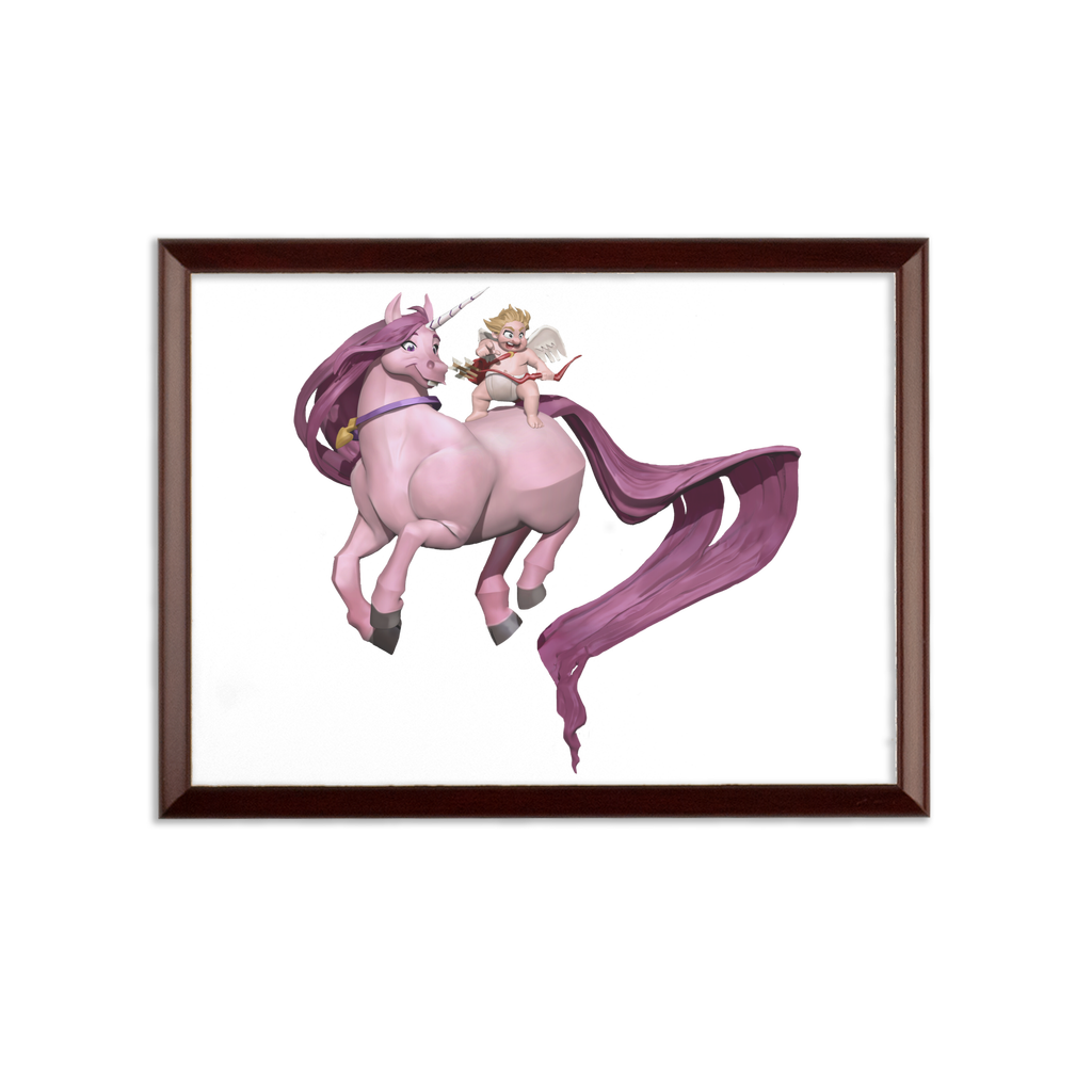 Horse and Baby Cupid Sublimation Wall Plaque with a brown wooden frame and white printable surface, showcasing an ogee shaped edge.