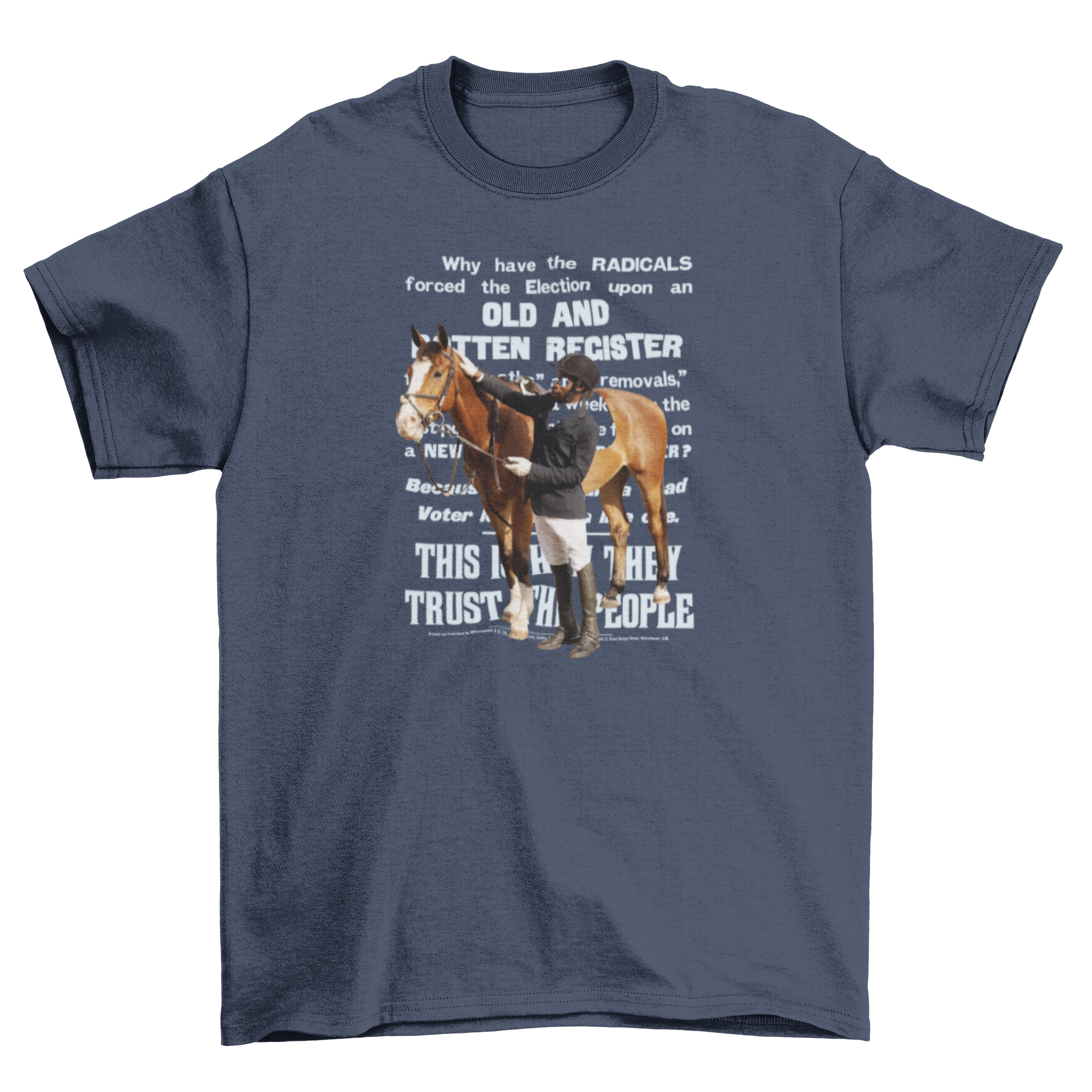 A stylish t-shirt featuring a horse rider standing next to a horse with a long quote in the background.