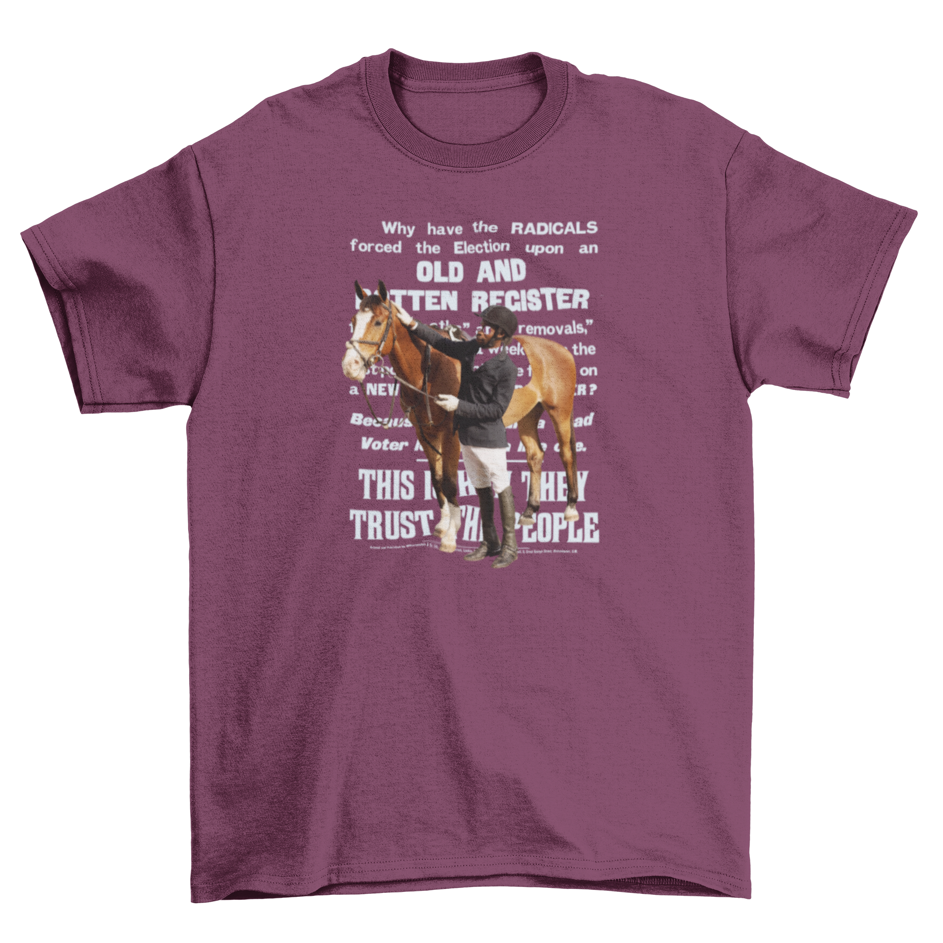 A stylish t-shirt featuring a horse rider standing next to a horse with a long quote in the background.