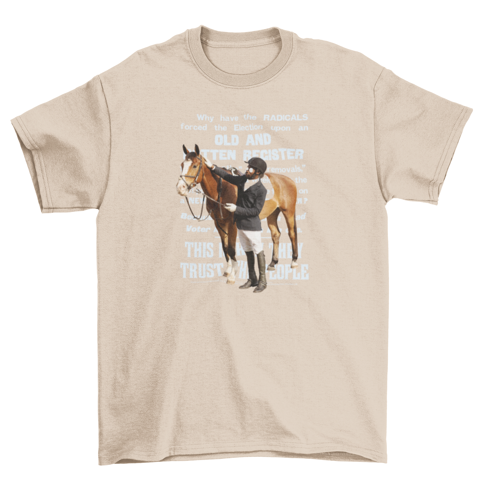 A stylish t-shirt featuring a horse rider standing next to a horse with a long quote in the background.