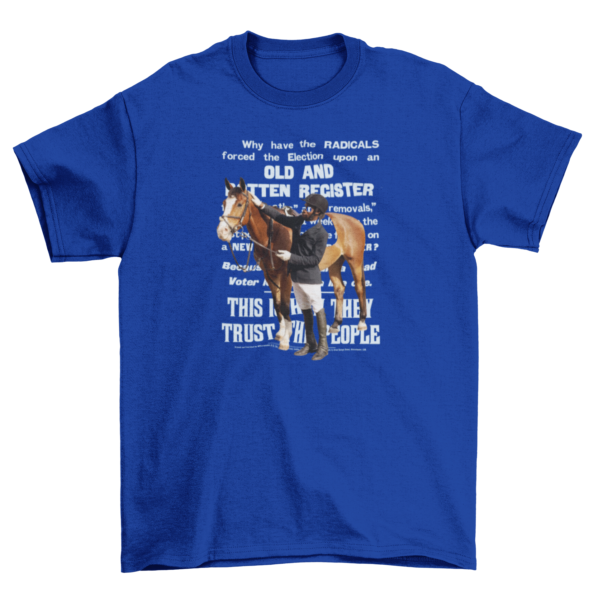 A stylish t-shirt featuring a horse rider standing next to a horse with a long quote in the background.