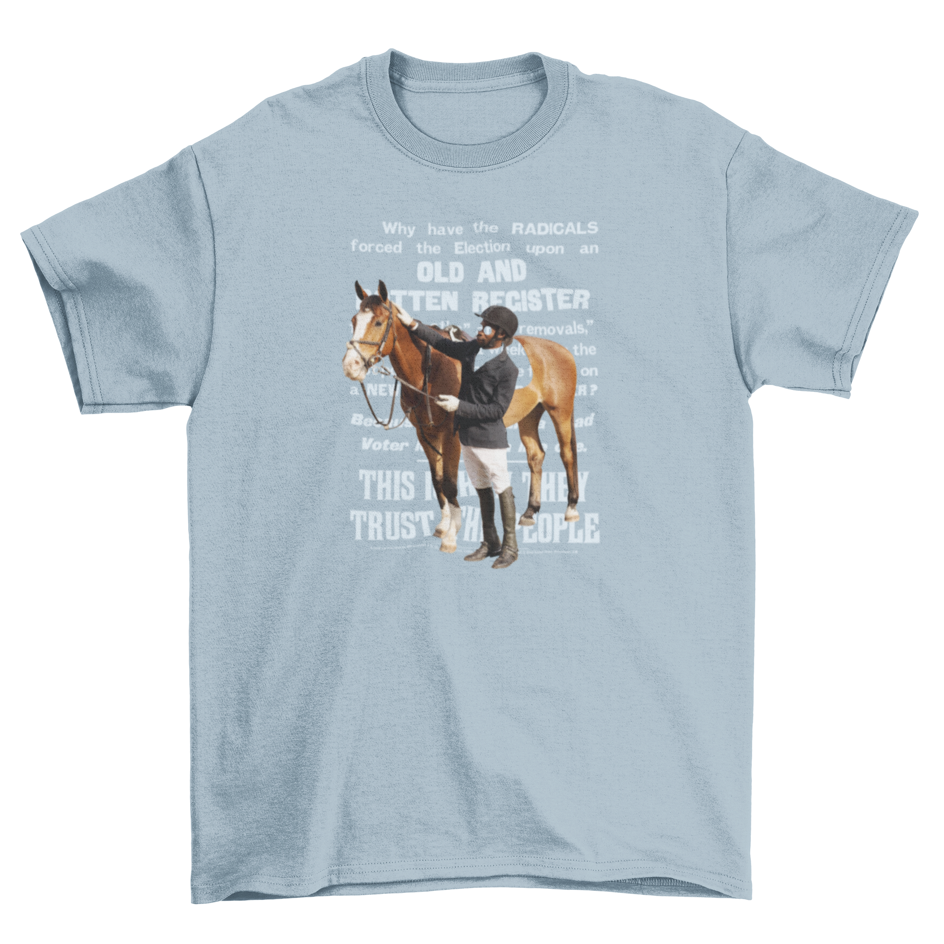 A stylish t-shirt featuring a horse rider standing next to a horse with a long quote in the background.