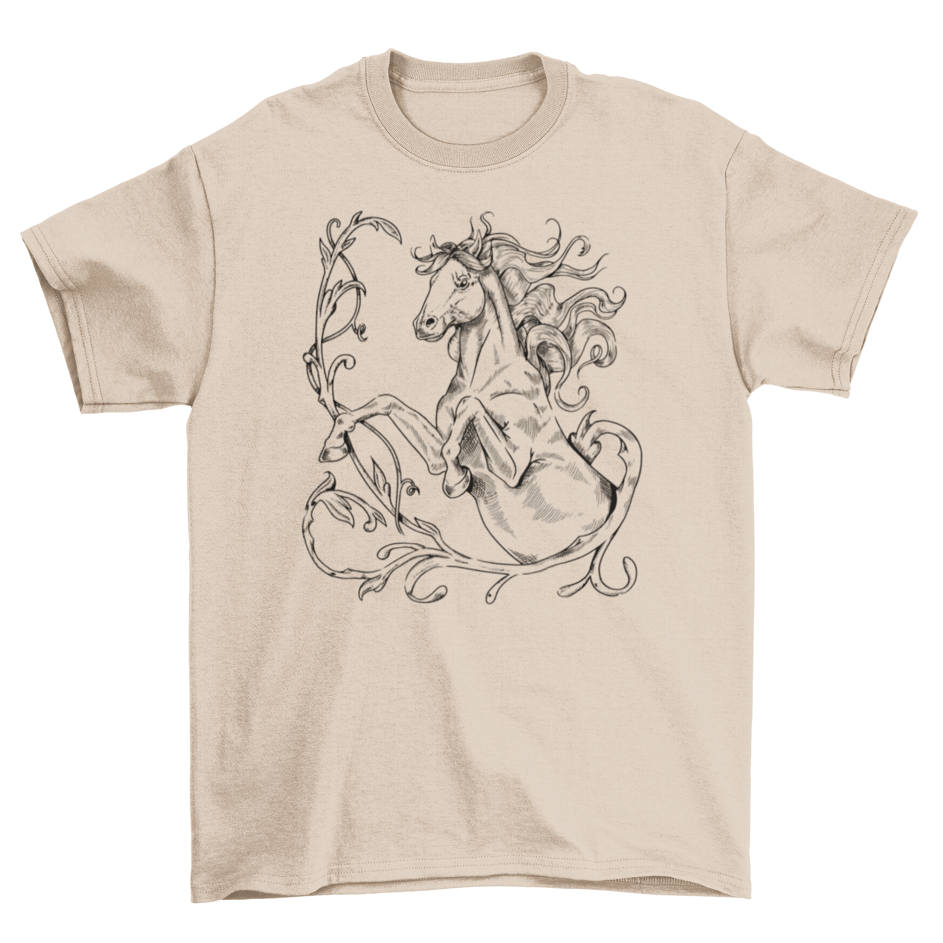 A stylish t-shirt featuring a hand-drawn illustration of a horse jumping, perfect for animal lovers.