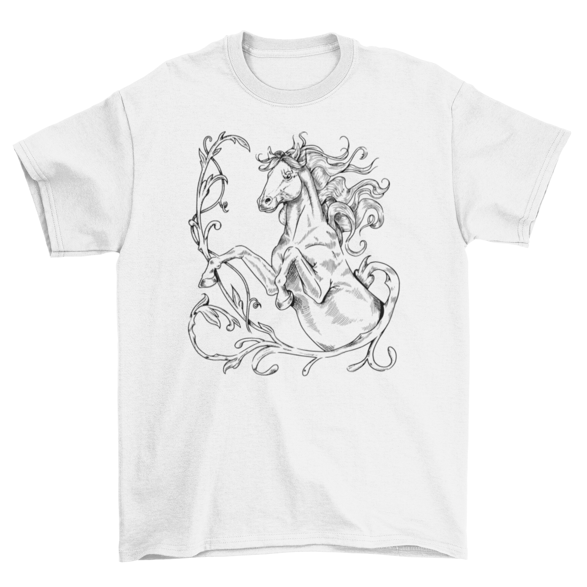 A stylish t-shirt featuring a hand-drawn illustration of a horse jumping, perfect for animal lovers.