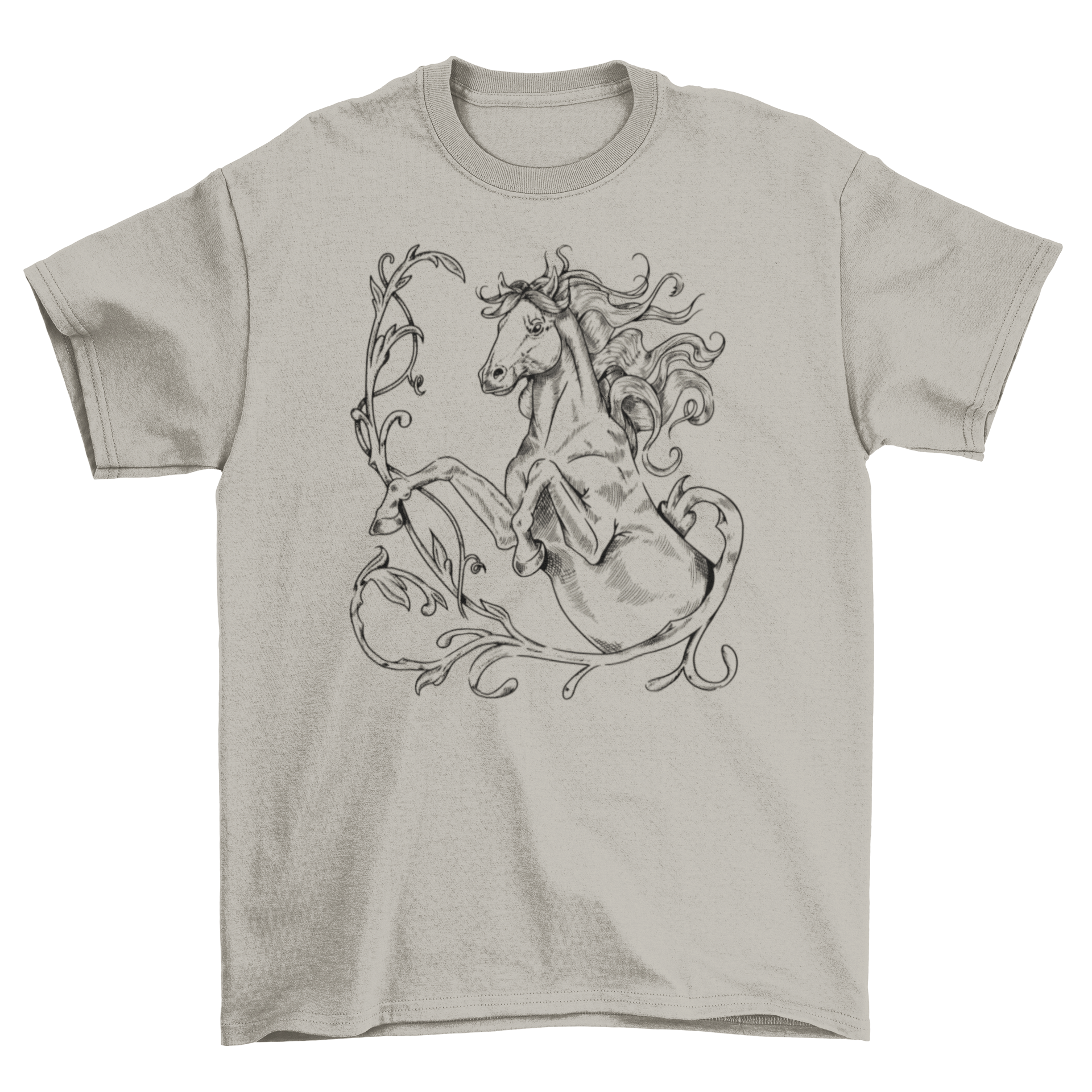 A stylish t-shirt featuring a hand-drawn illustration of a horse jumping, perfect for animal lovers.