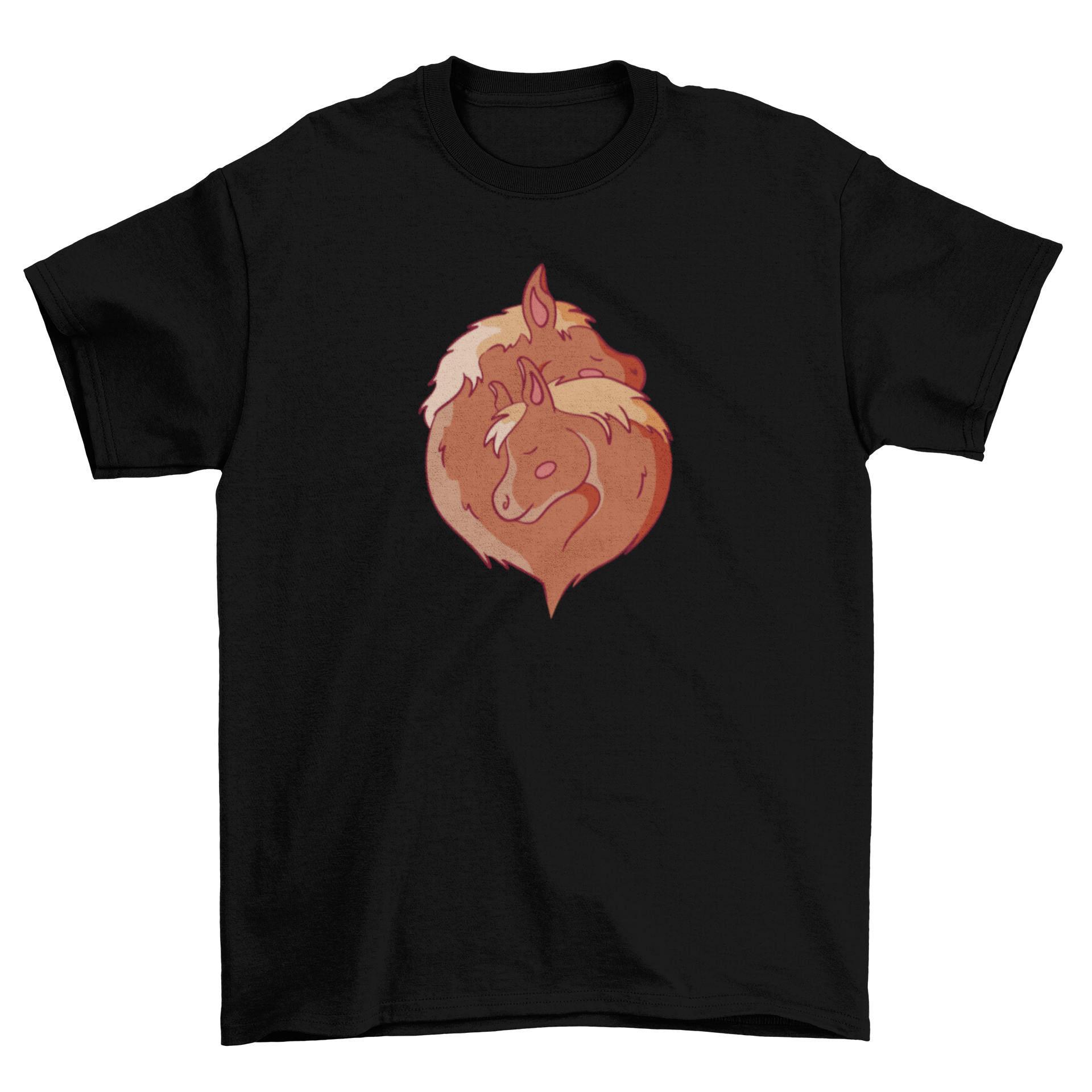 A soft t-shirt featuring a heartwarming design of two horses hugging, perfect for horse lovers.