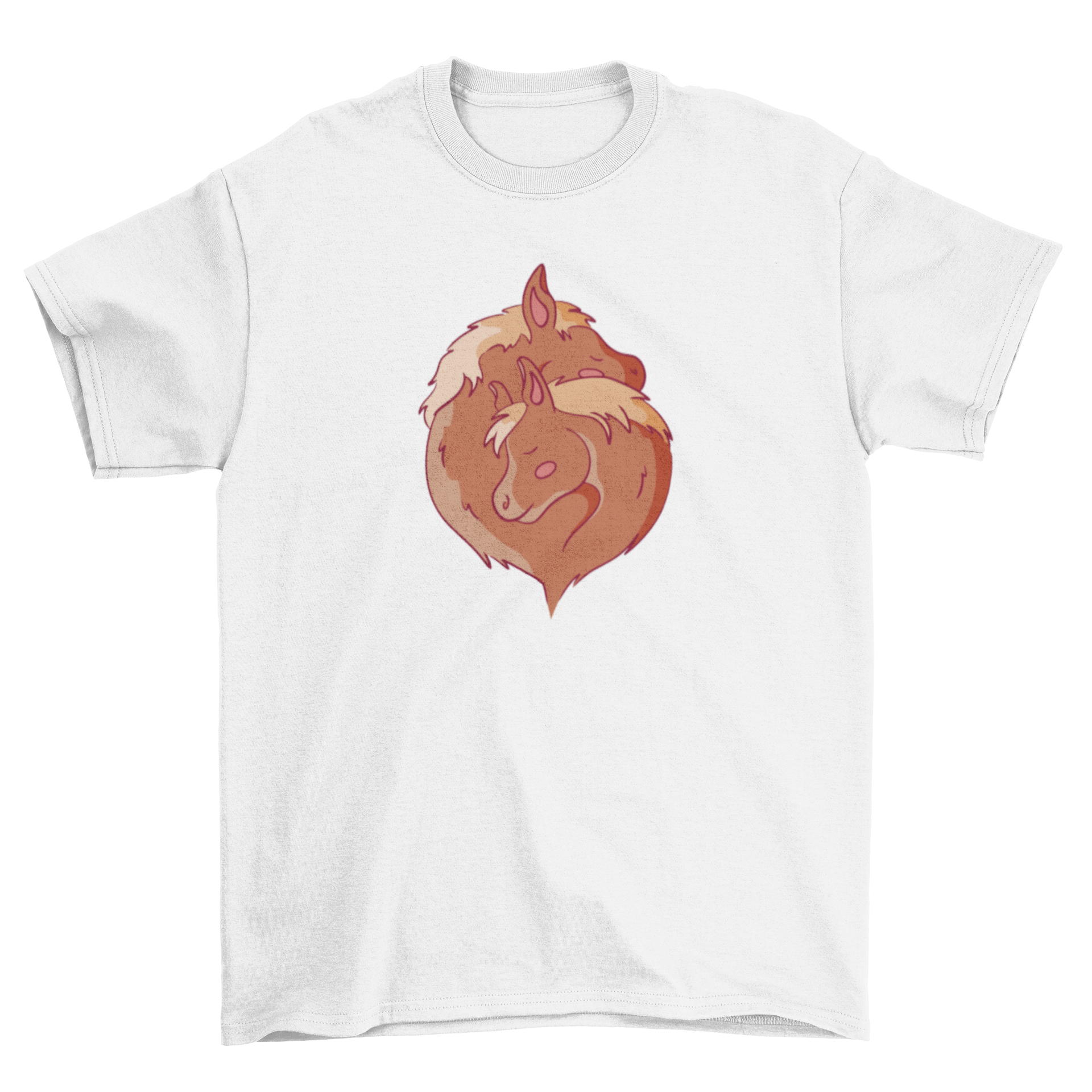 A soft t-shirt featuring a heartwarming design of two horses hugging, perfect for horse lovers.