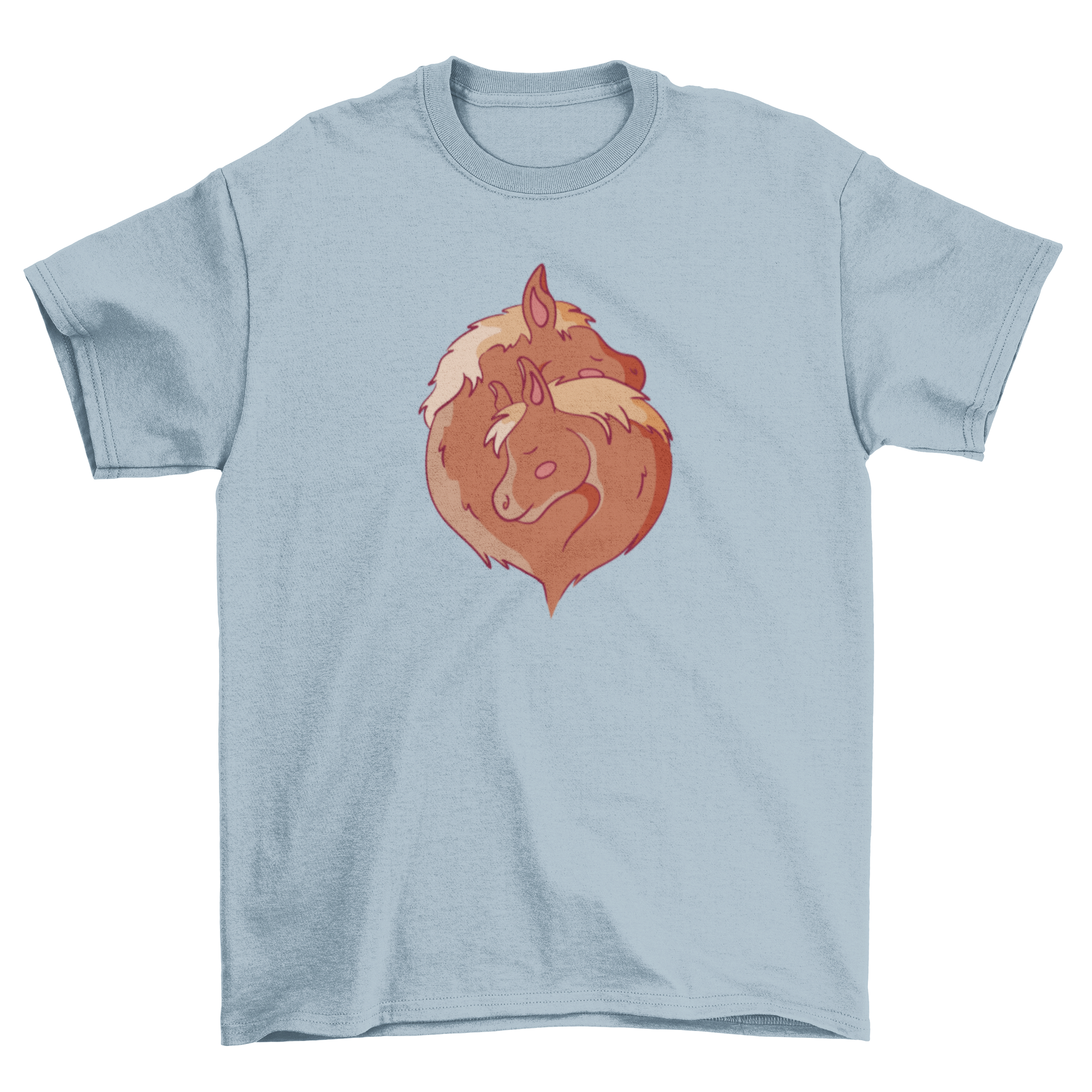 A soft t-shirt featuring a heartwarming design of two horses hugging, perfect for horse lovers.