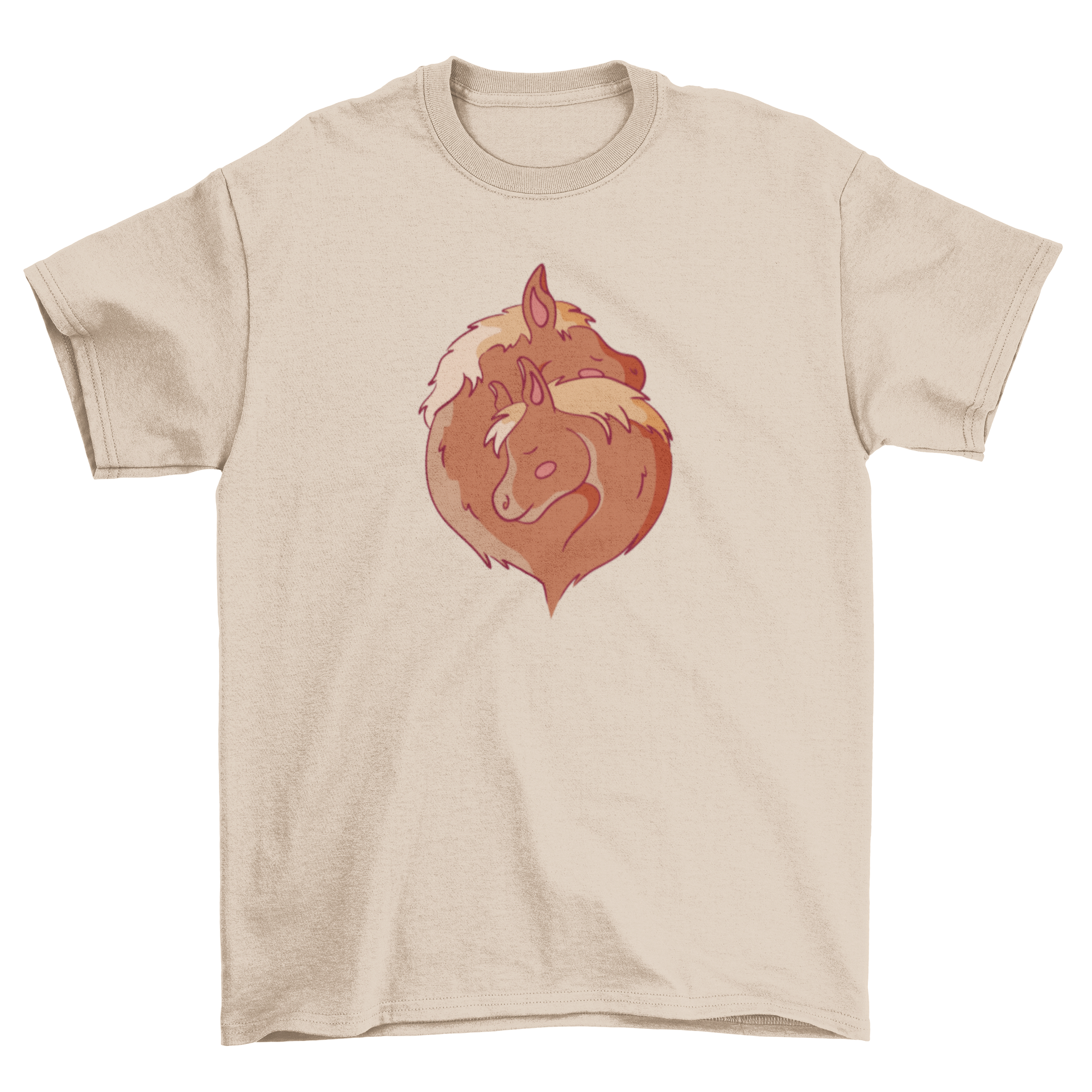 A soft t-shirt featuring a heartwarming design of two horses hugging, perfect for horse lovers.