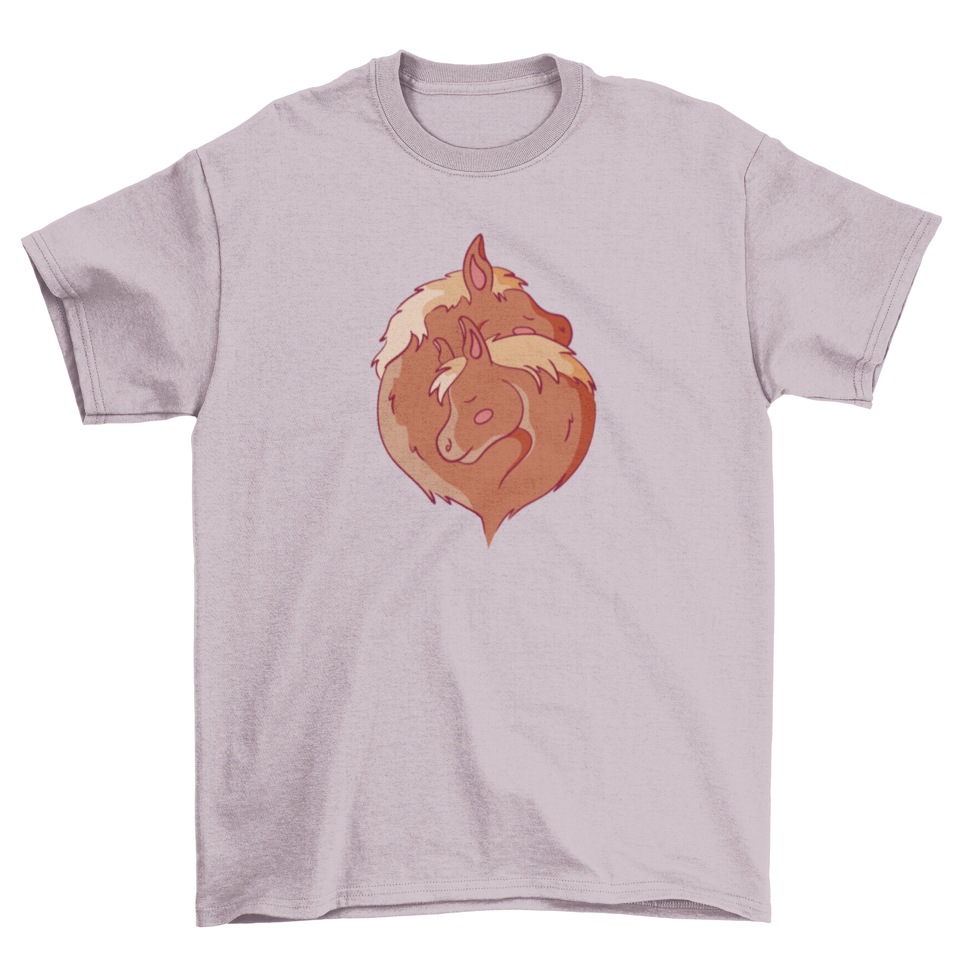 A soft t-shirt featuring a heartwarming design of two horses hugging, perfect for horse lovers.