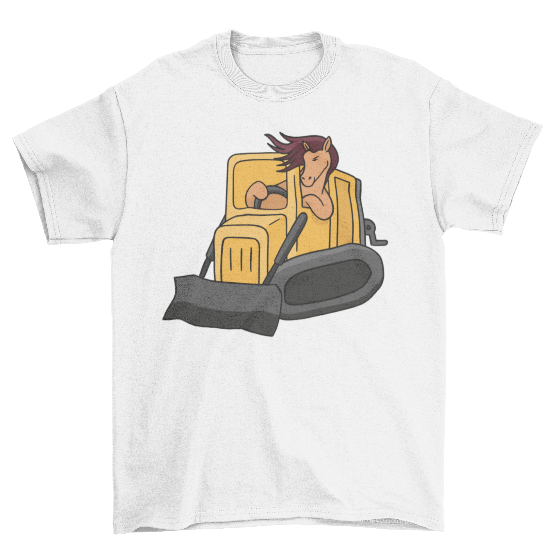 A cartoon horse driving a bulldozer on a t-shirt, showcasing a playful design.