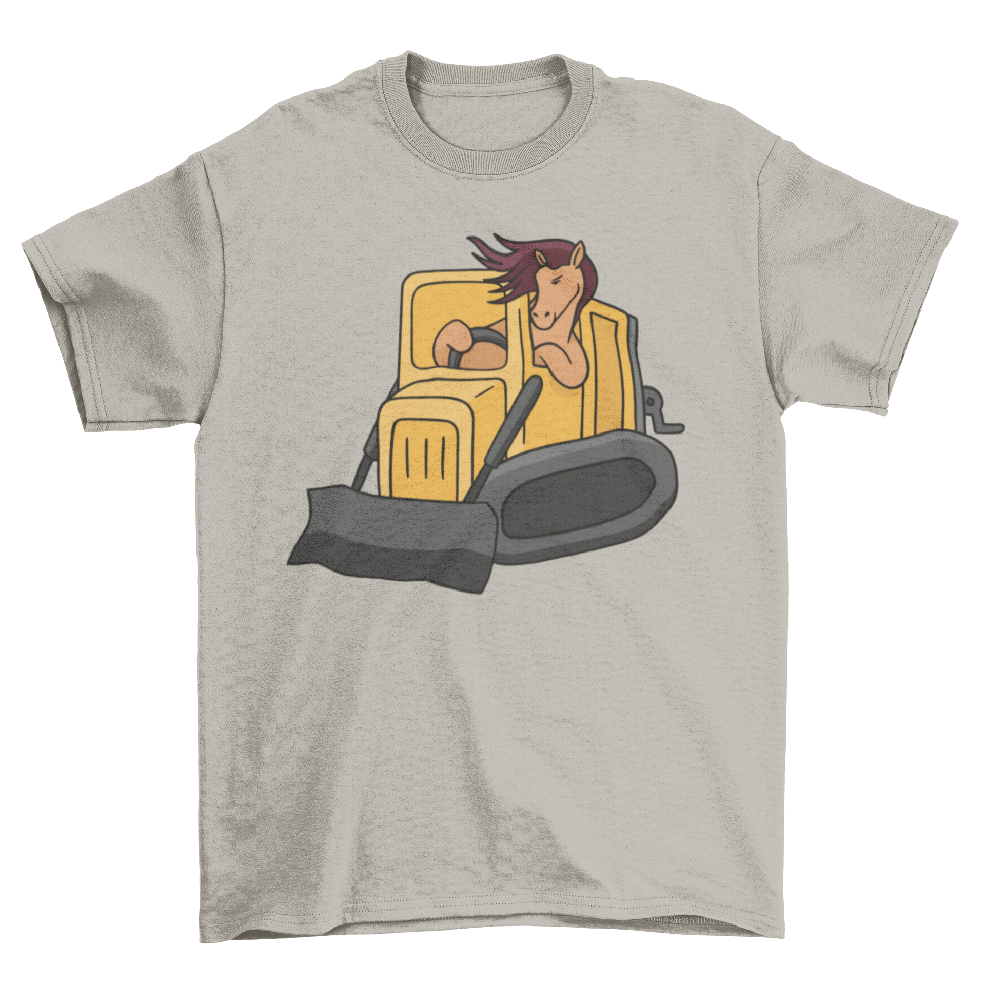 A cartoon horse driving a bulldozer on a t-shirt, showcasing a playful design.