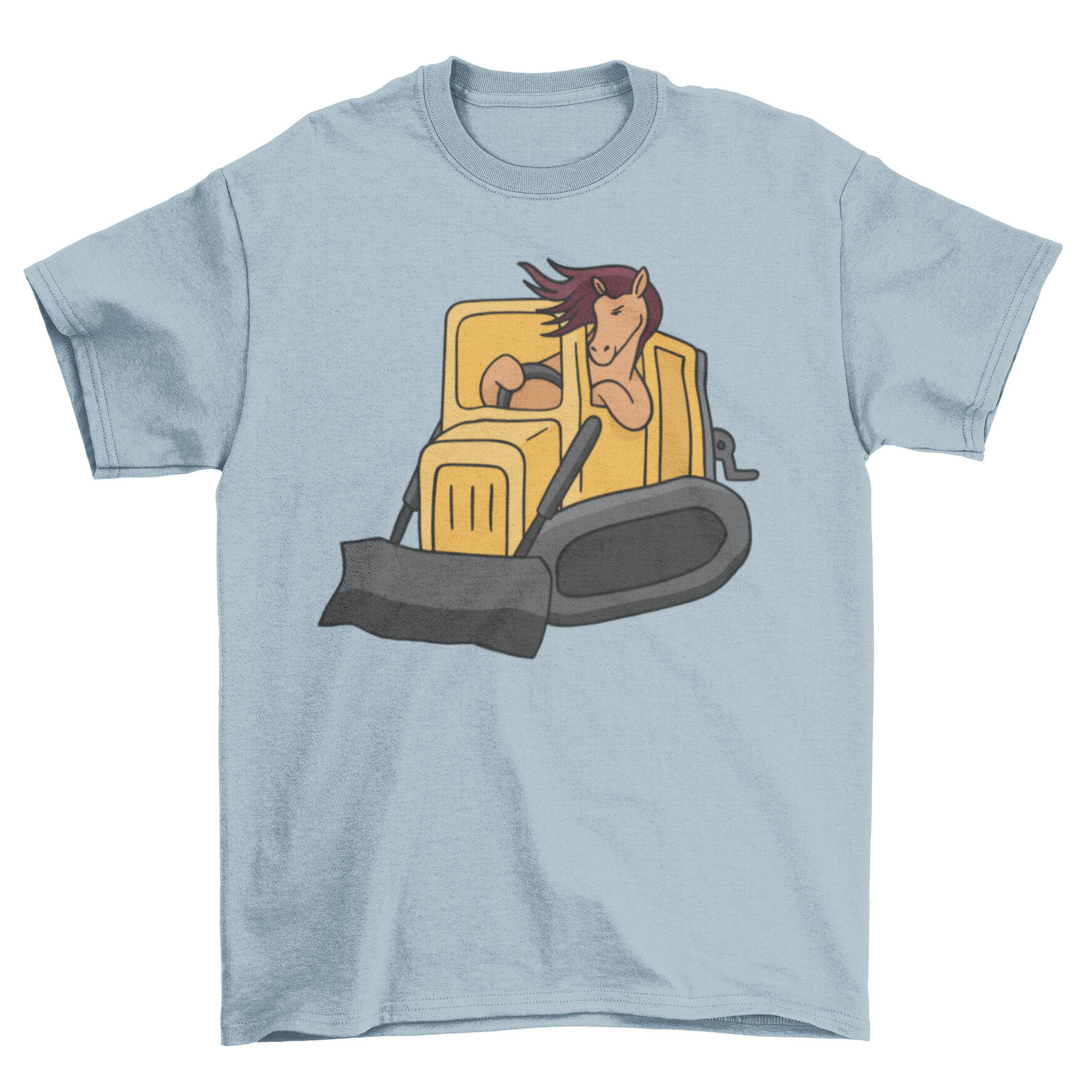 A cartoon horse driving a bulldozer on a t-shirt, showcasing a playful design.