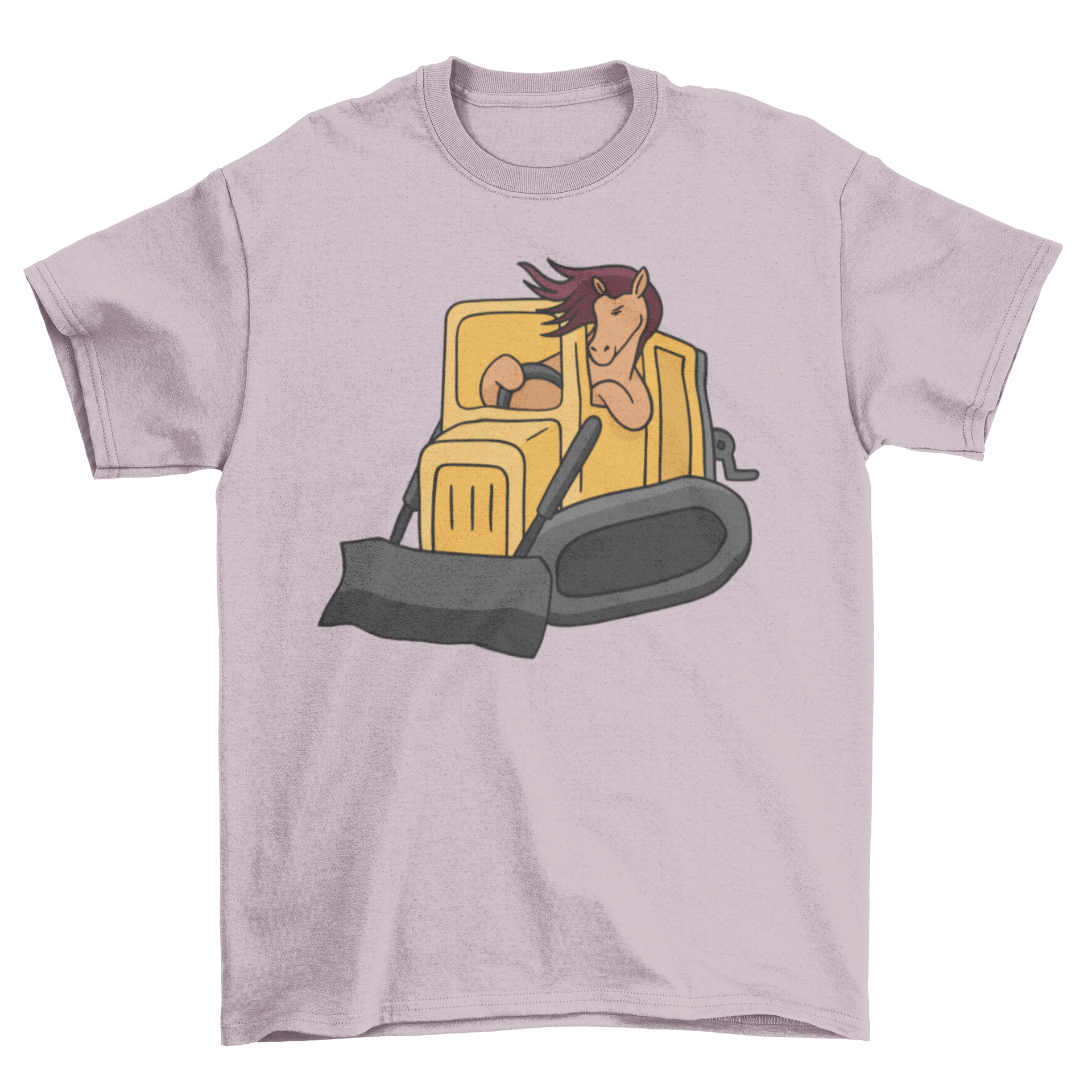 A cartoon horse driving a bulldozer on a t-shirt, showcasing a playful design.