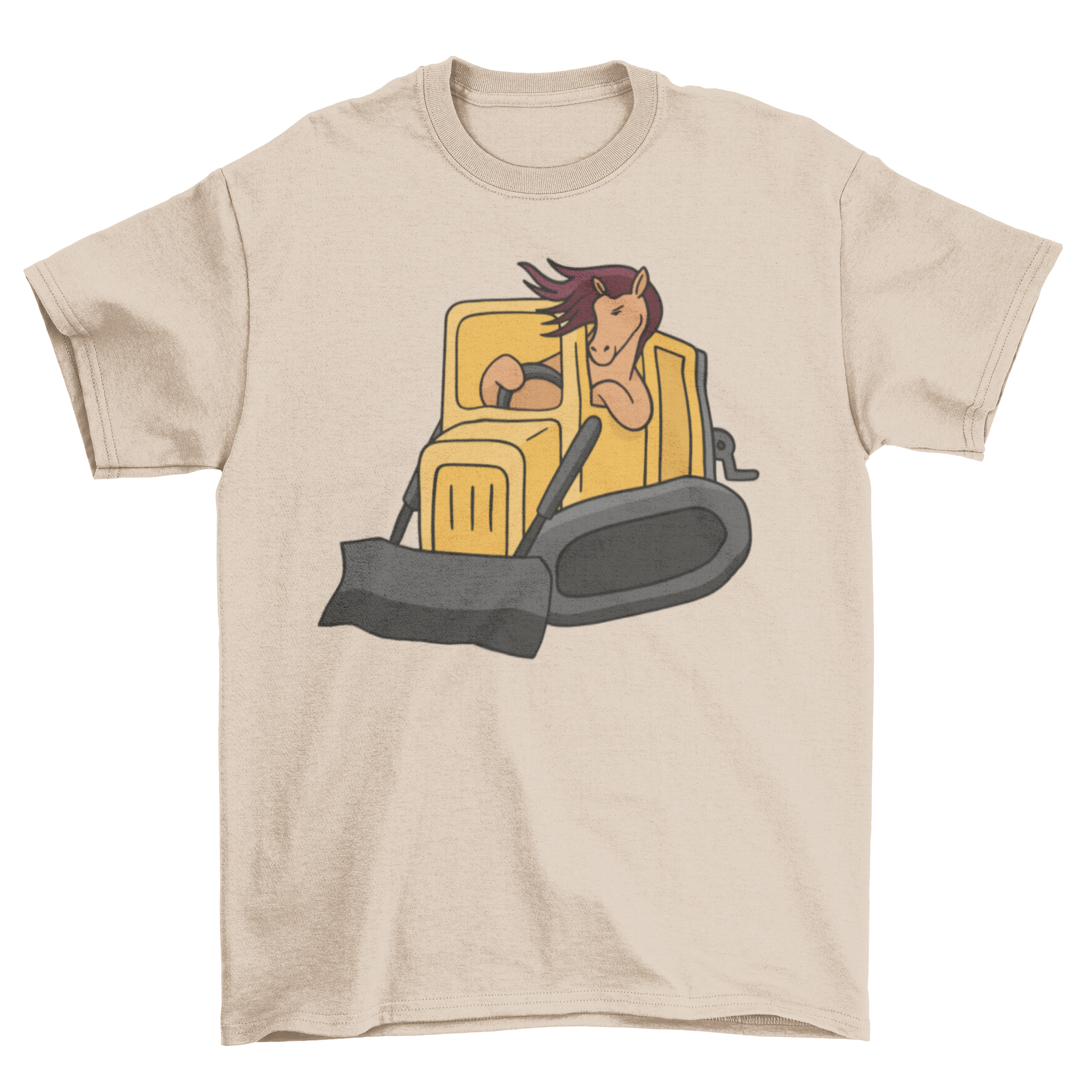 A cartoon horse driving a bulldozer on a t-shirt, showcasing a playful design.