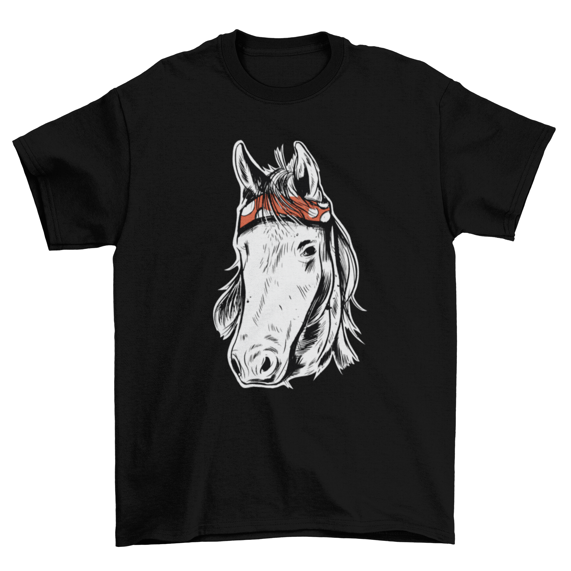 A stylish t-shirt featuring a hand drawn illustration of a horse's face, showcasing intricate details and artistic flair.