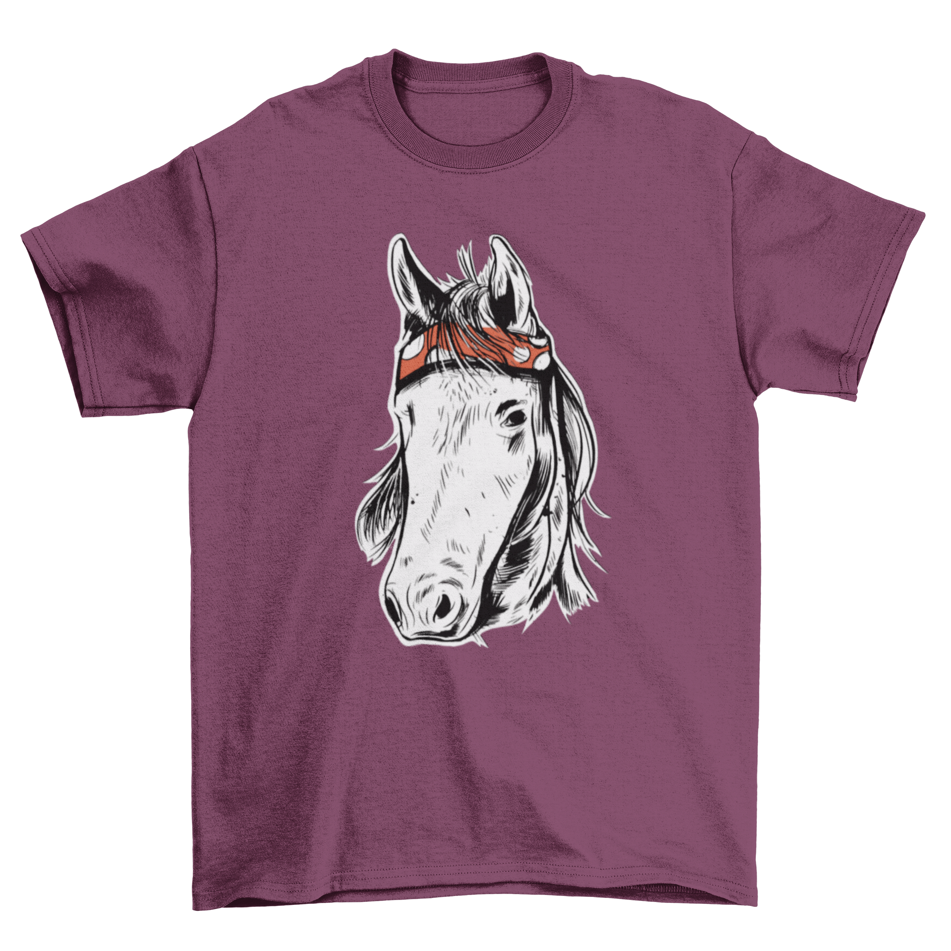 A stylish t-shirt featuring a hand drawn illustration of a horse's face, showcasing intricate details and artistic flair.