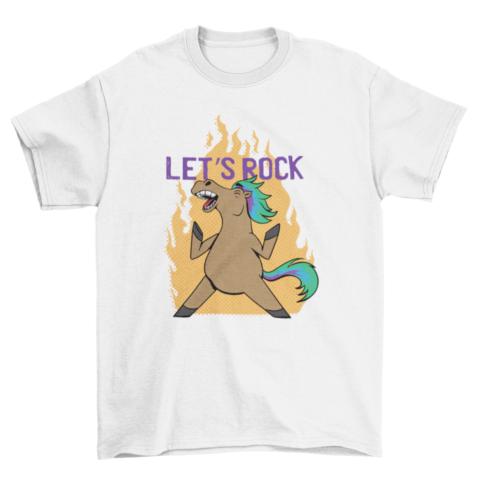 A humorous t-shirt featuring a punk horse design with the quote 'Let's rock' in bold letters.