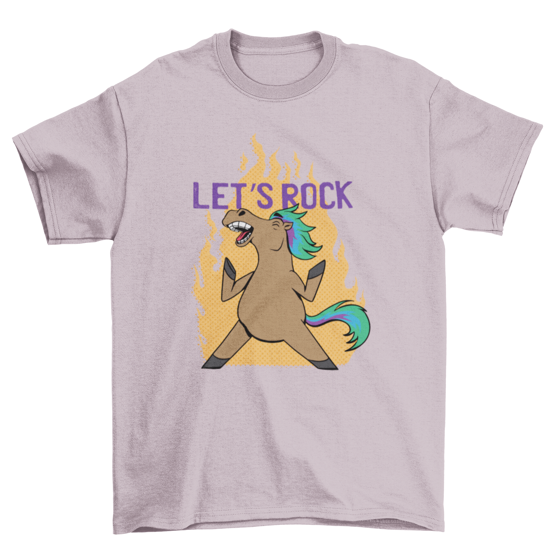 A humorous t-shirt featuring a punk horse design with the quote 'Let's rock' in bold letters.