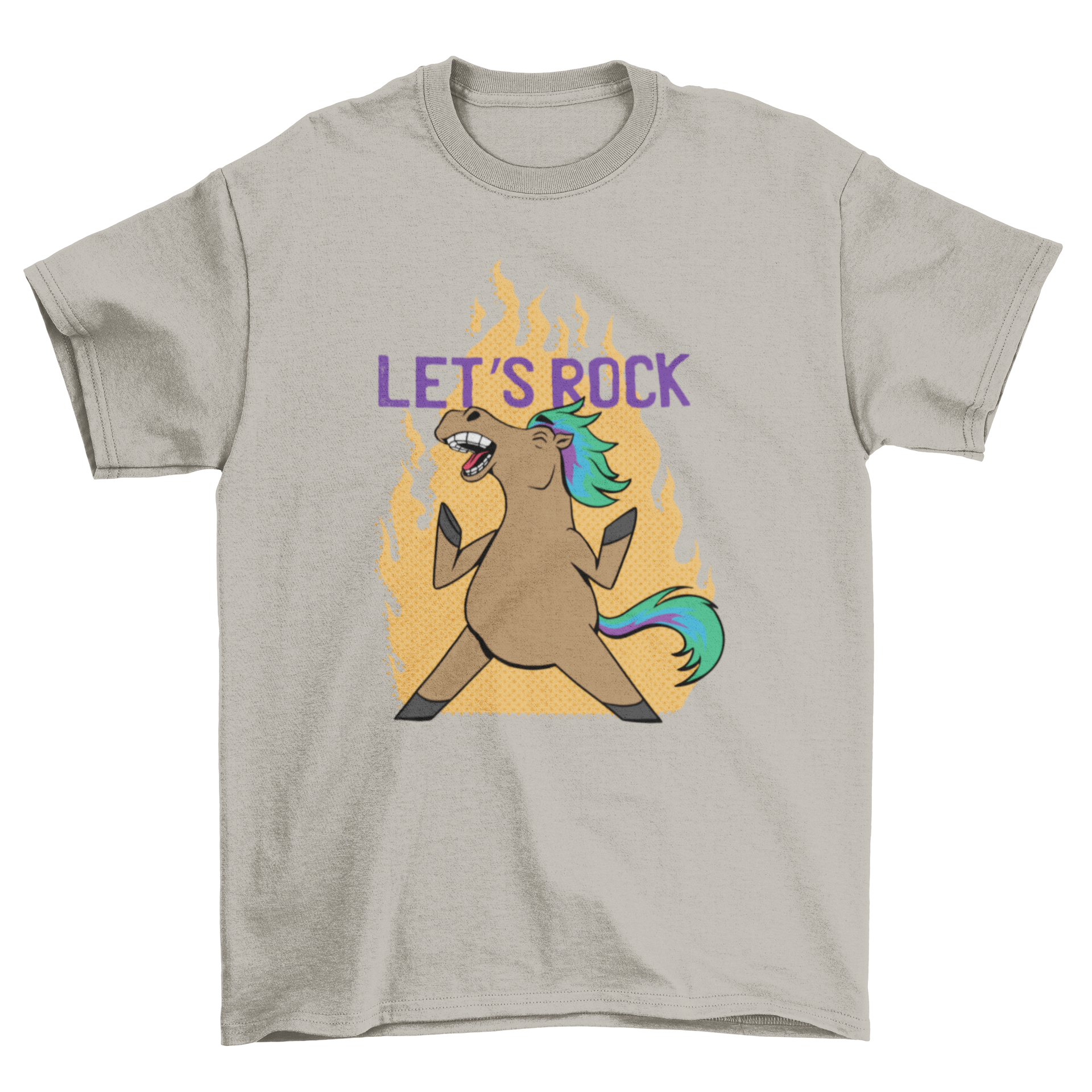 A humorous t-shirt featuring a punk horse design with the quote 'Let's rock' in bold letters.