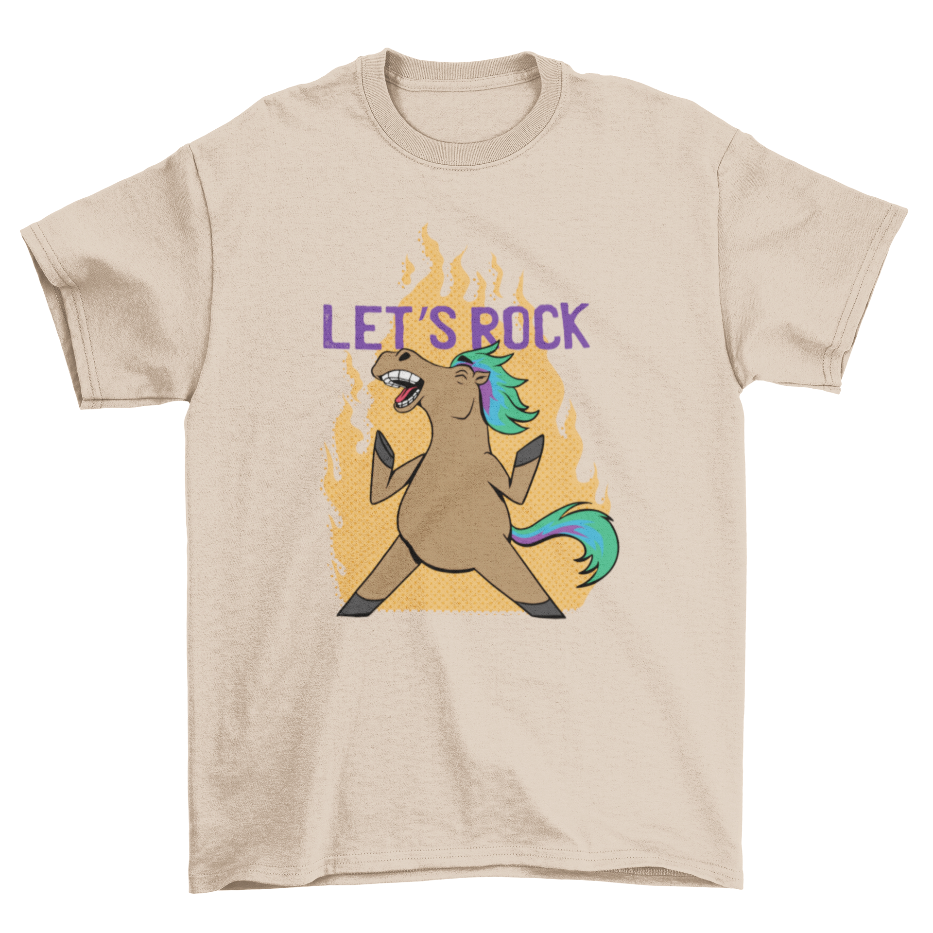 A humorous t-shirt featuring a punk horse design with the quote 'Let's rock' in bold letters.