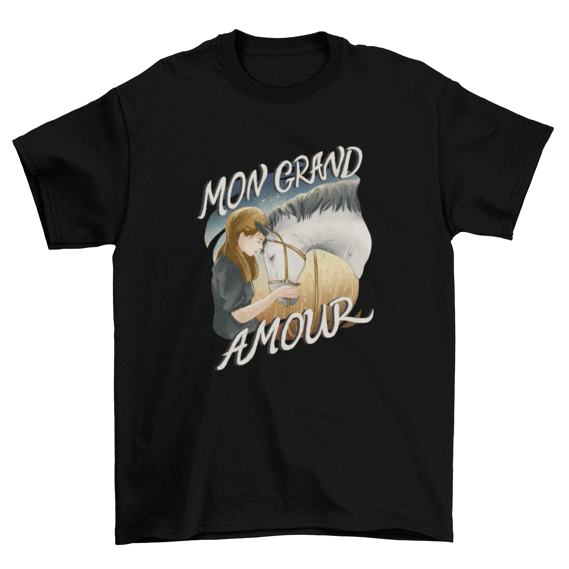 A stylish t-shirt featuring a girl with her horse and the French quote 'My great love'.