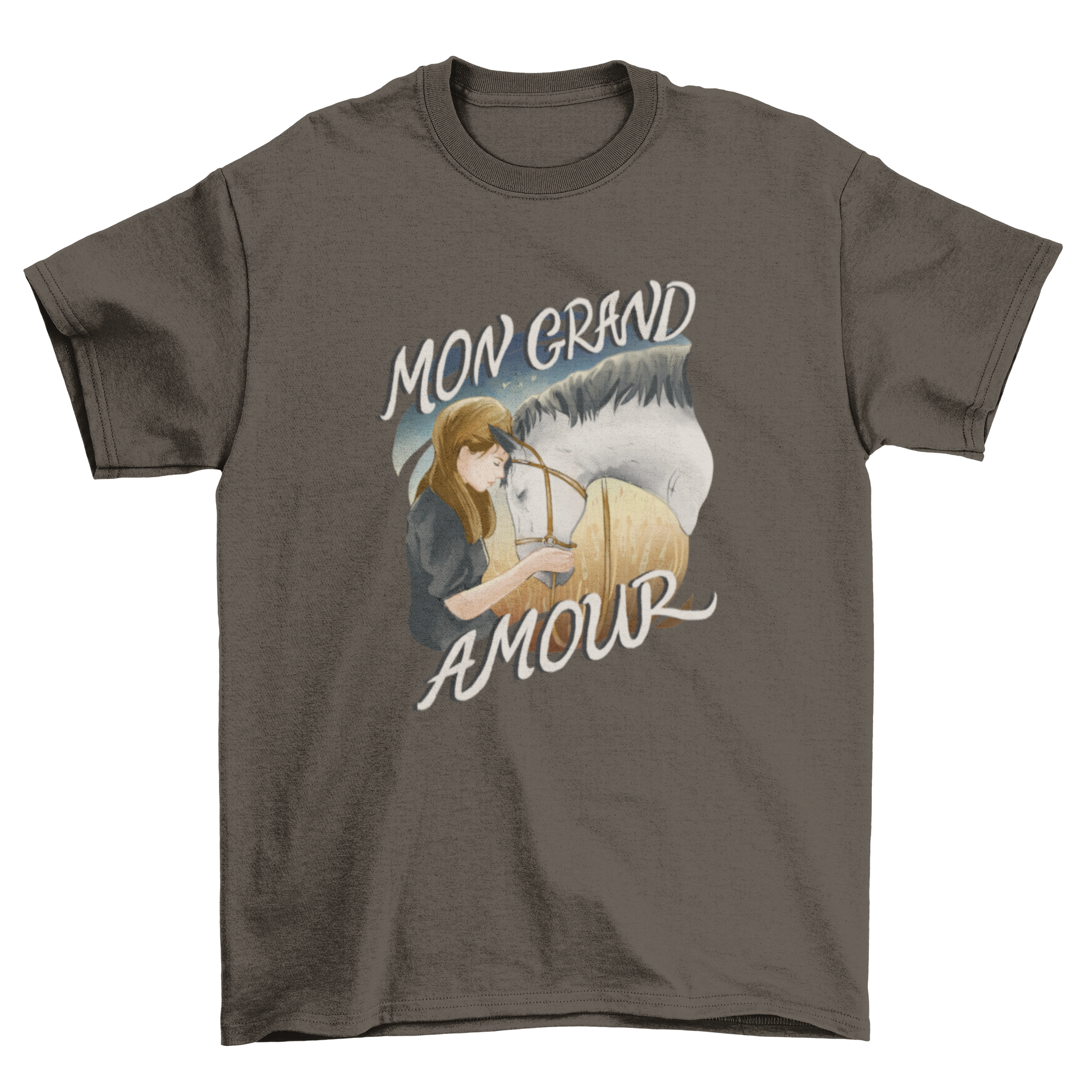 A stylish t-shirt featuring a girl with her horse and the French quote 'My great love'.