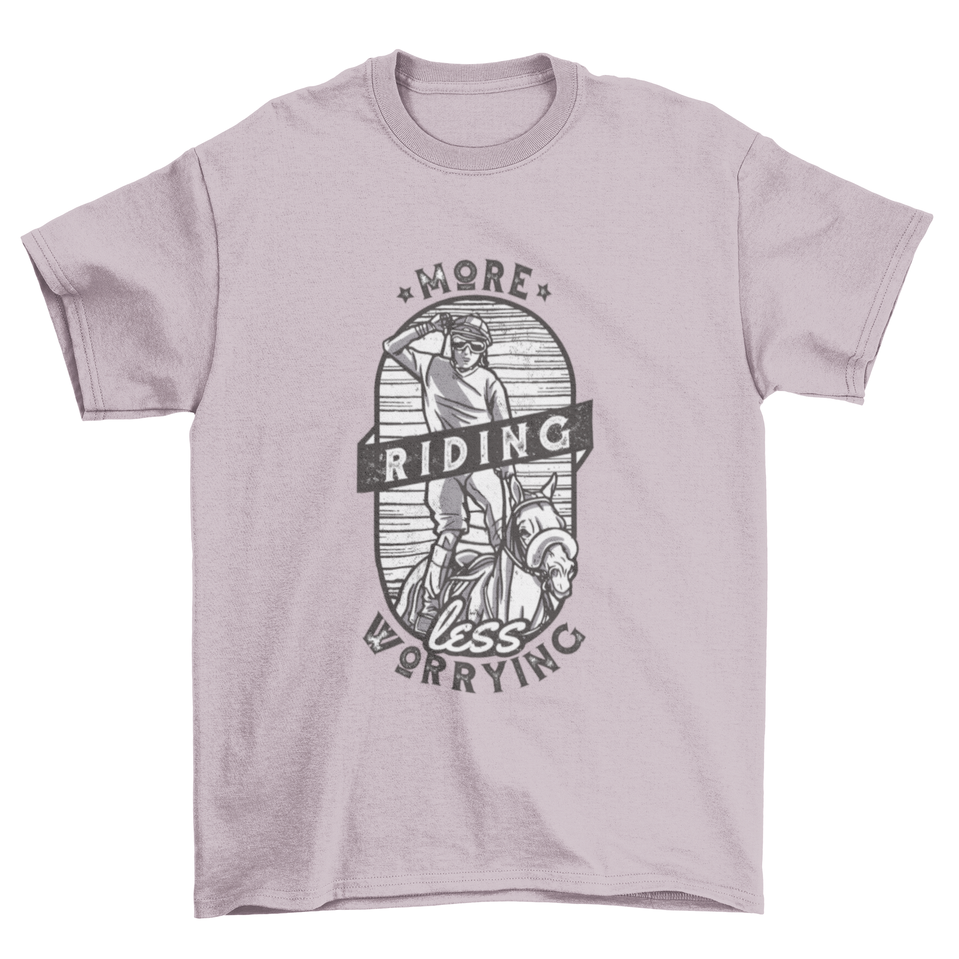 A stylish t-shirt featuring a hand-drawn design of a man riding a horse with the quote 'More riding less worrying.'