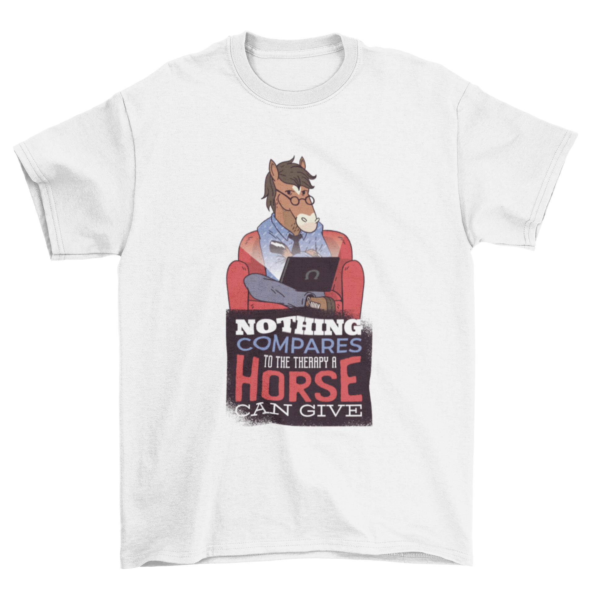 Horse Therapy T-Shirt featuring a smart horse design and an inspirational quote about the therapeutic benefits of horses.