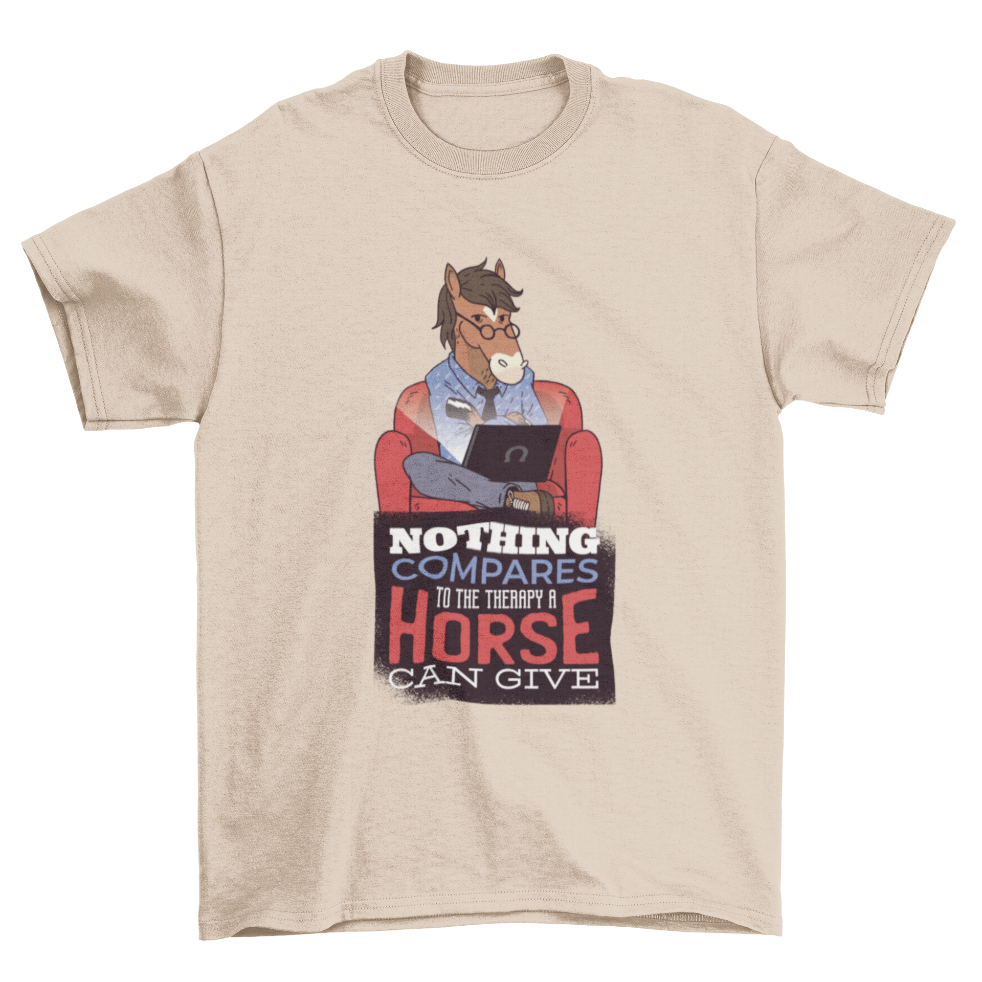 Horse Therapy T-Shirt featuring a smart horse design and an inspirational quote about the therapeutic benefits of horses.