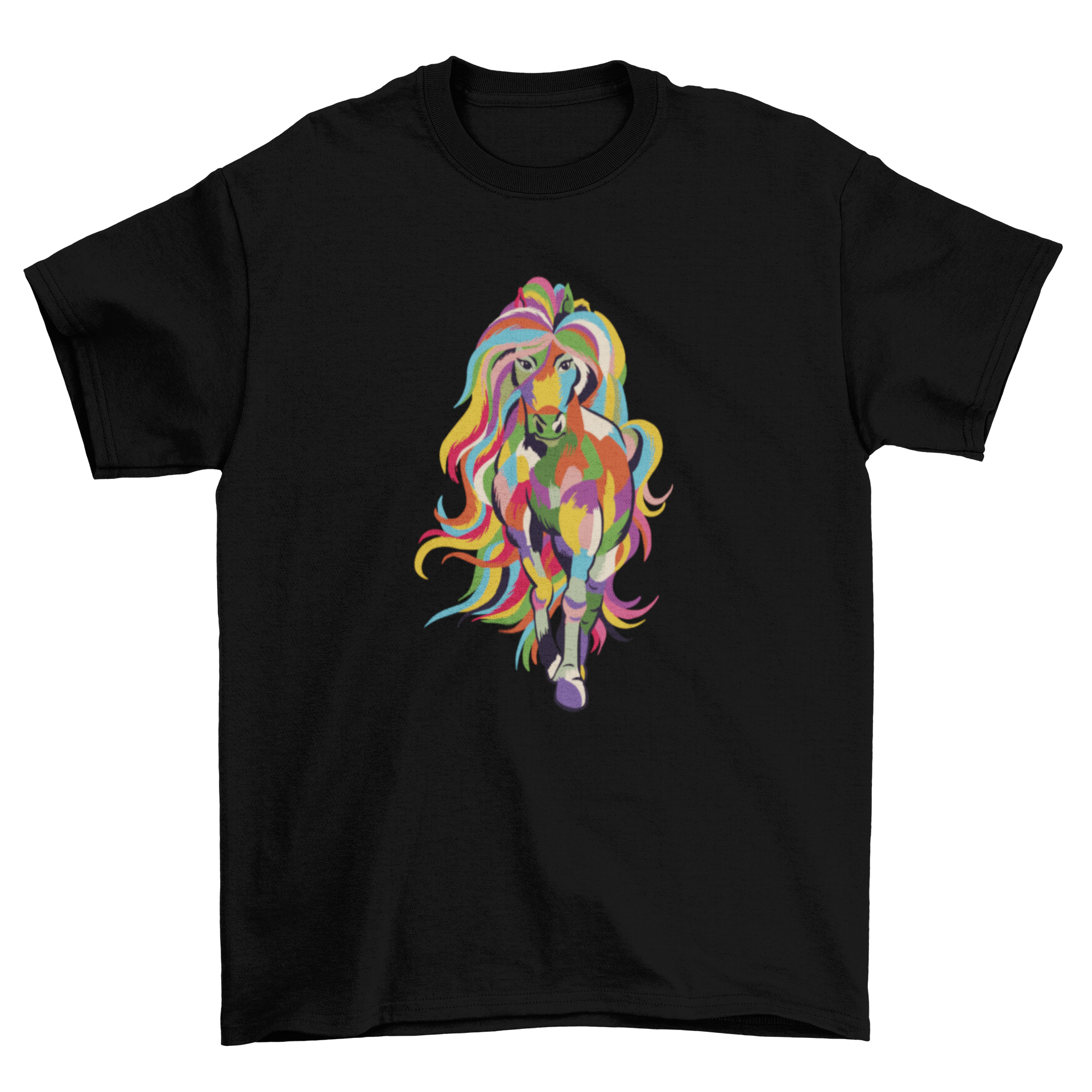 A vibrant t-shirt featuring a horse with rainbow-colored hair, showcasing a unique and artistic design.