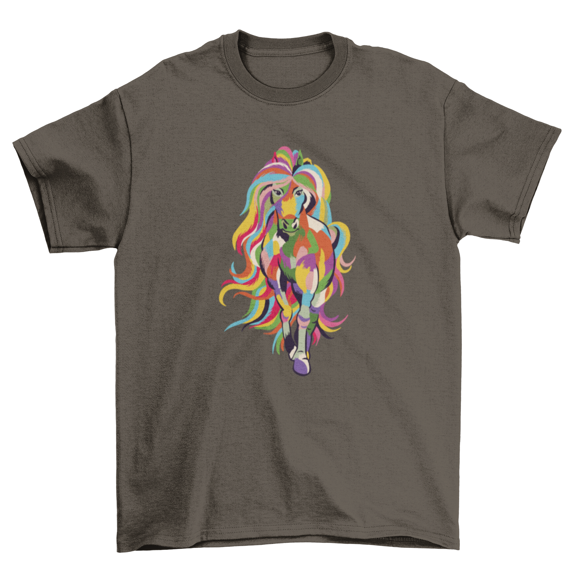 A vibrant t-shirt featuring a horse with rainbow-colored hair, showcasing a unique and artistic design.