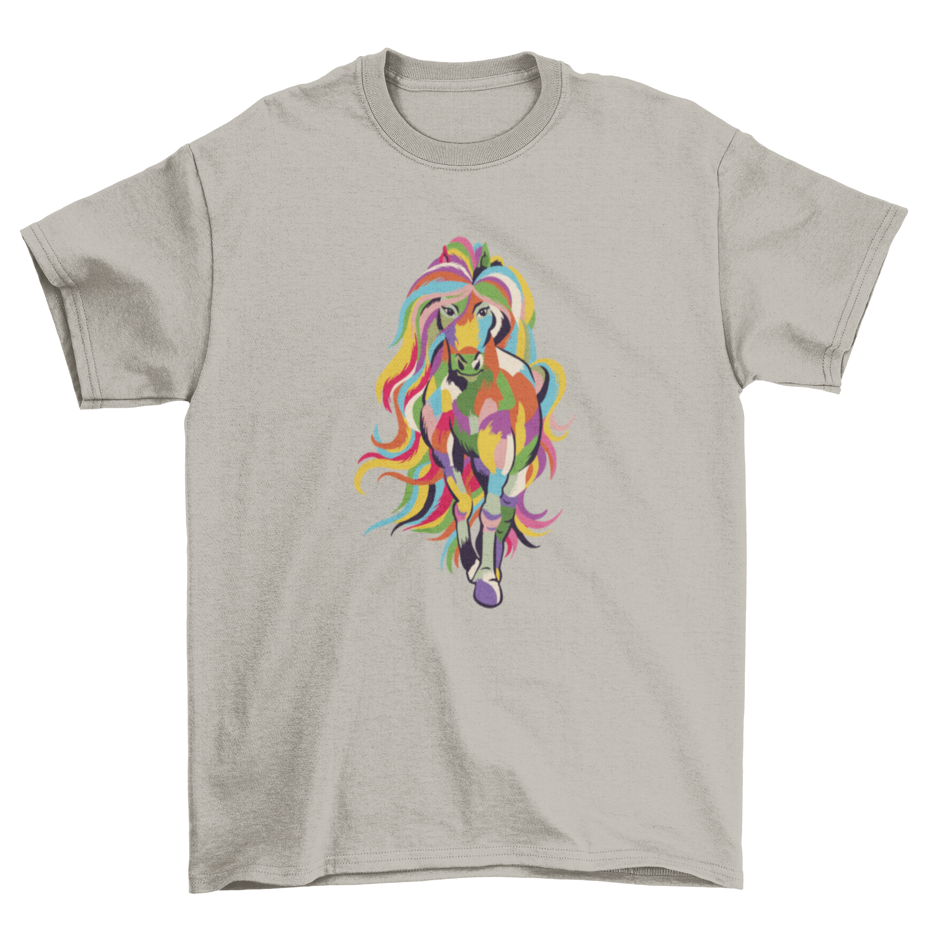 A vibrant t-shirt featuring a horse with rainbow-colored hair, showcasing a unique and artistic design.