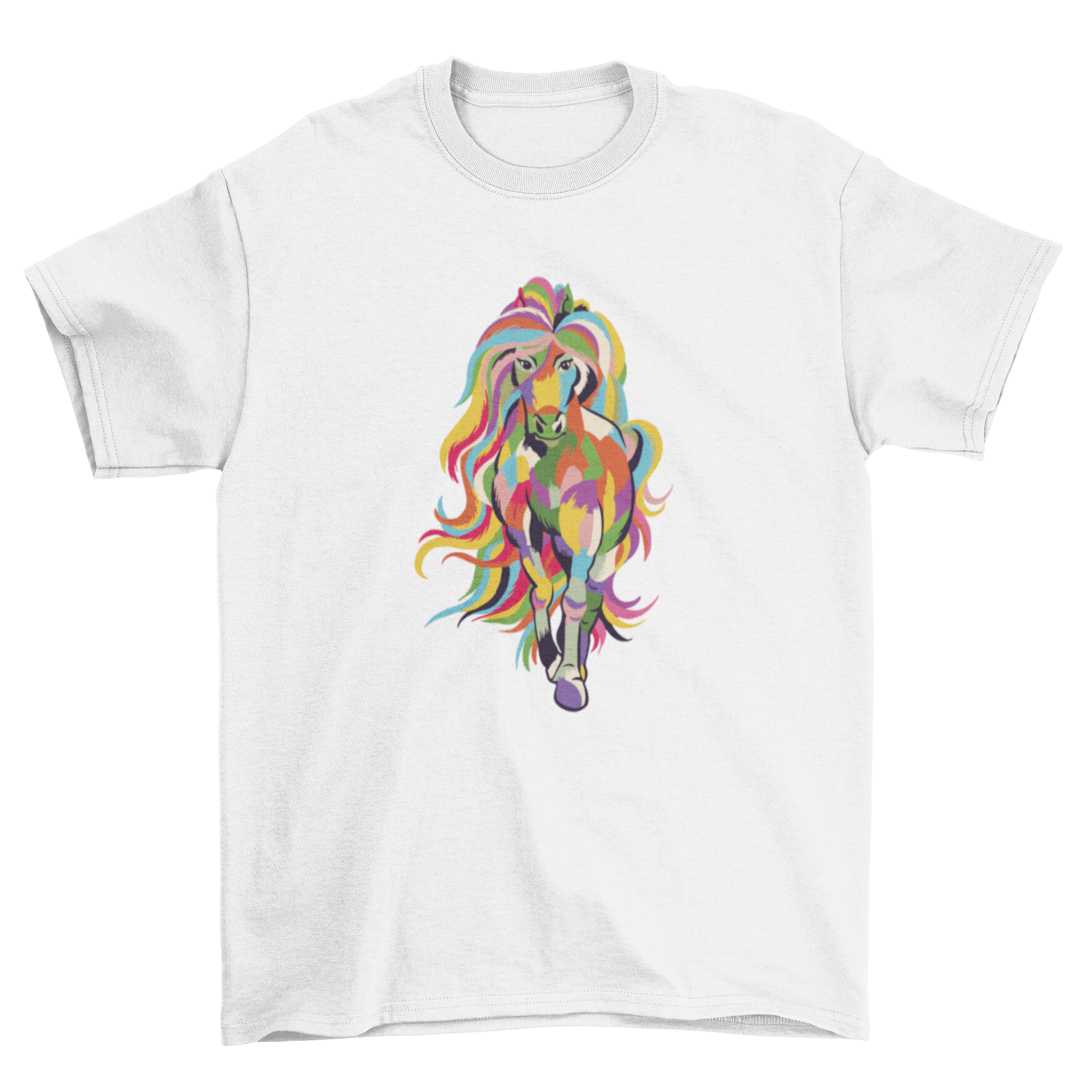 A vibrant t-shirt featuring a horse with rainbow-colored hair, showcasing a unique and artistic design.