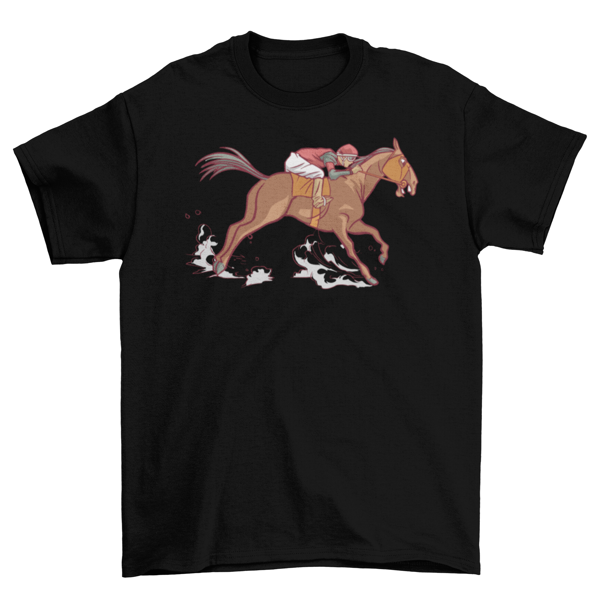 A stylish t-shirt featuring a side view illustration of horseback riding, perfect for equestrian enthusiasts.