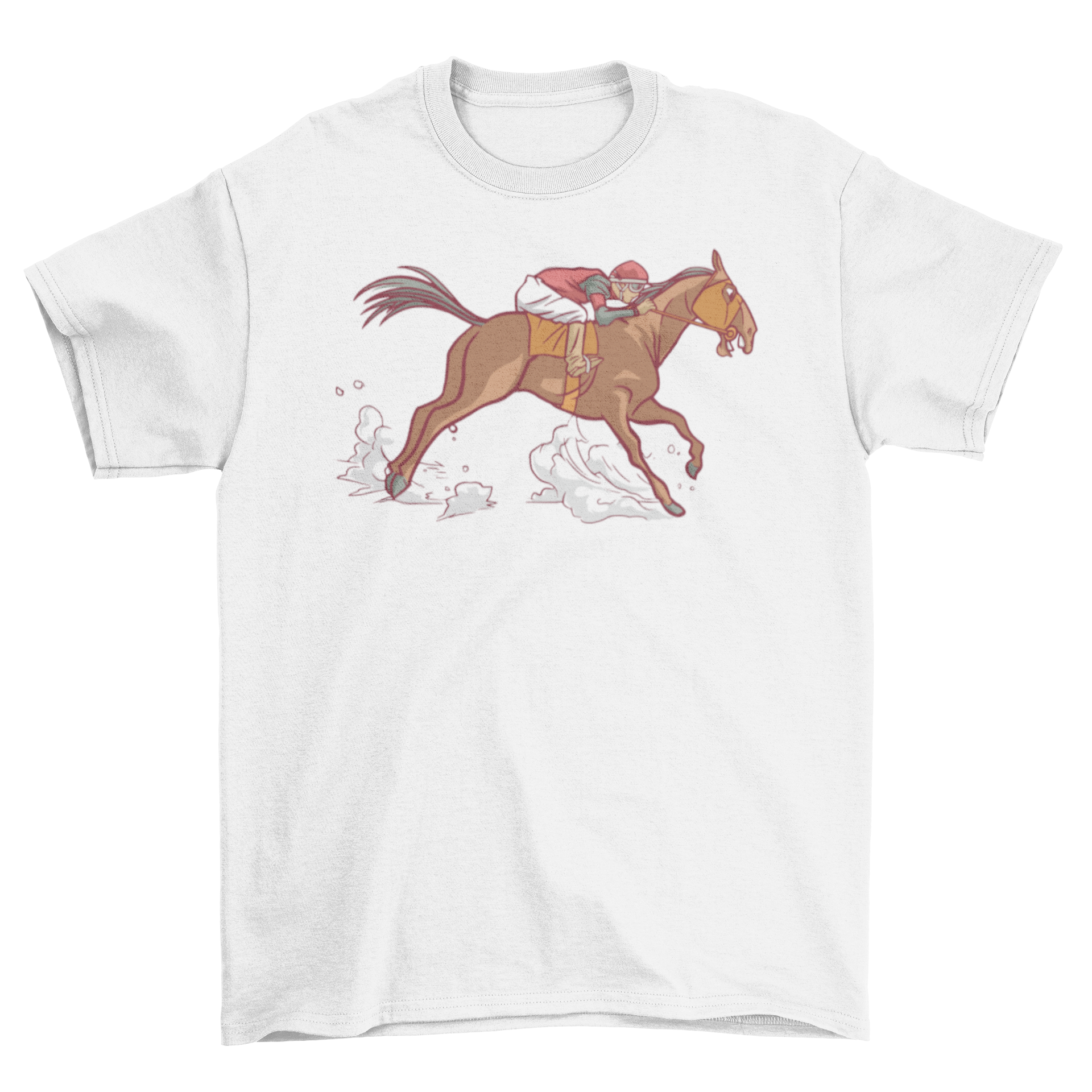 A stylish t-shirt featuring a side view illustration of horseback riding, perfect for equestrian enthusiasts.