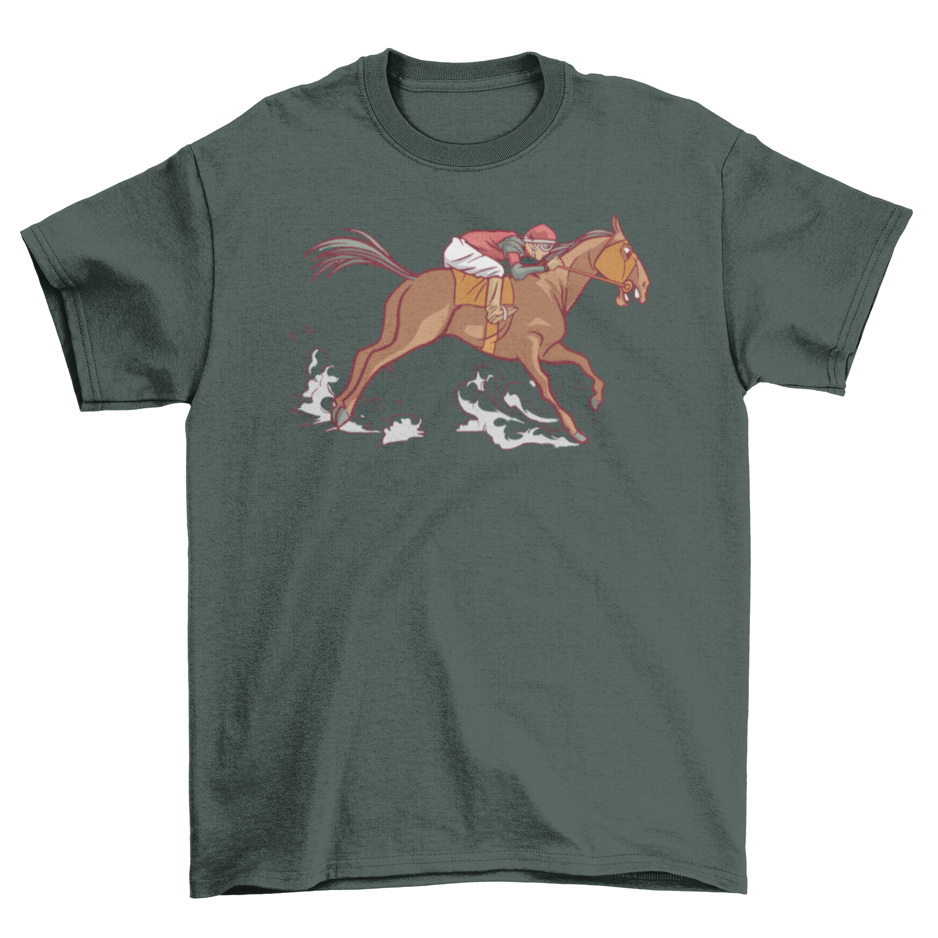 A stylish t-shirt featuring a side view illustration of horseback riding, perfect for equestrian enthusiasts.