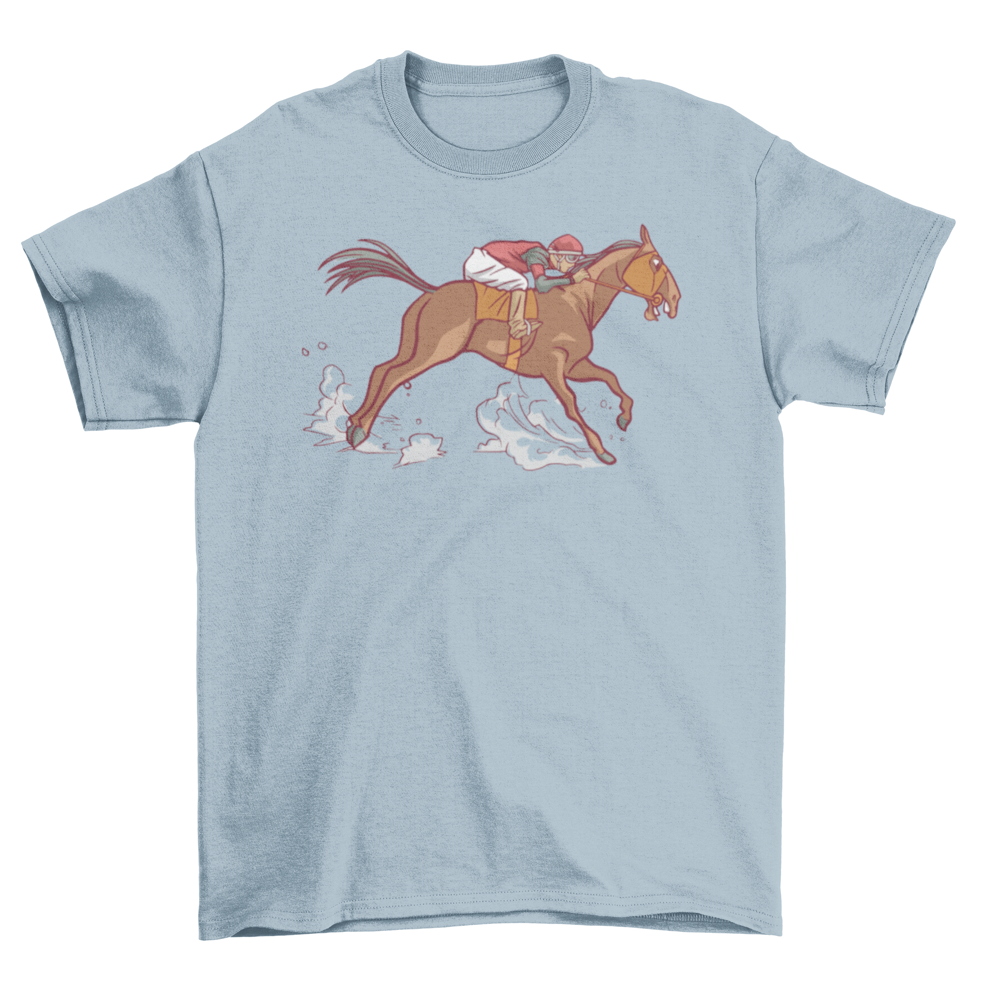 A stylish t-shirt featuring a side view illustration of horseback riding, perfect for equestrian enthusiasts.