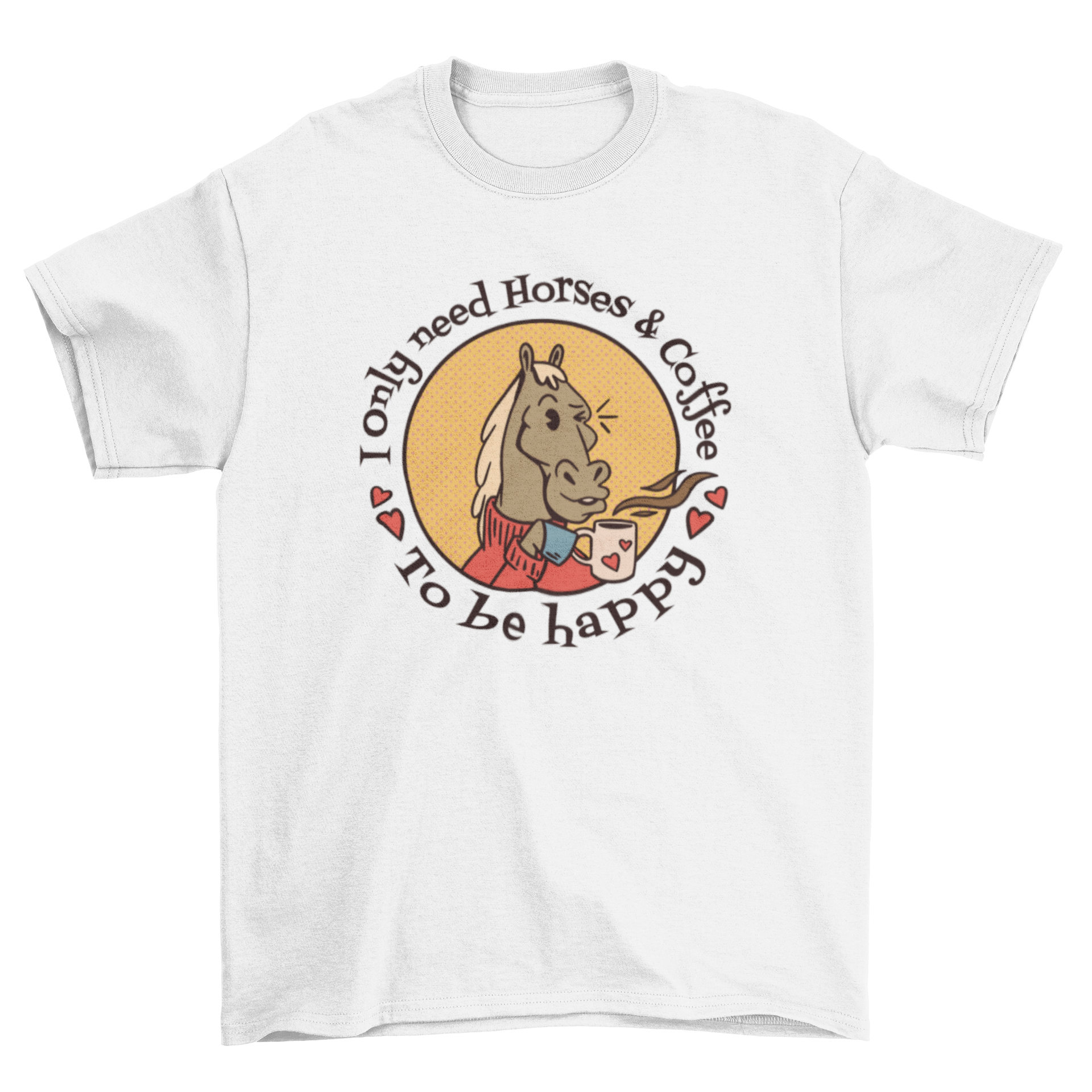 Vintage-style t-shirt featuring a horse drinking coffee in a badge design.