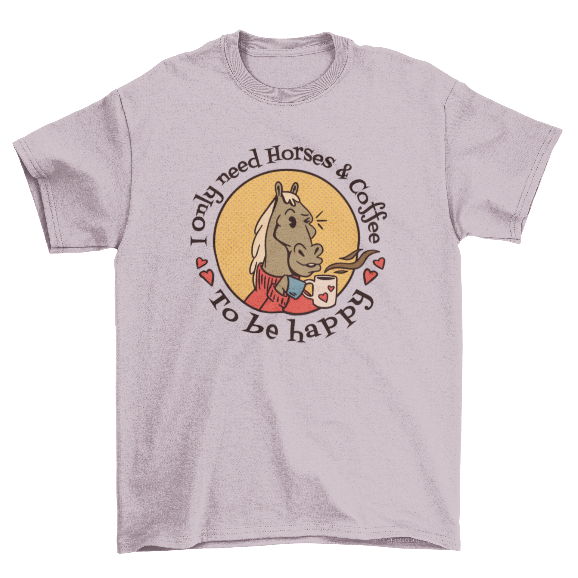 Vintage-style t-shirt featuring a horse drinking coffee in a badge design.