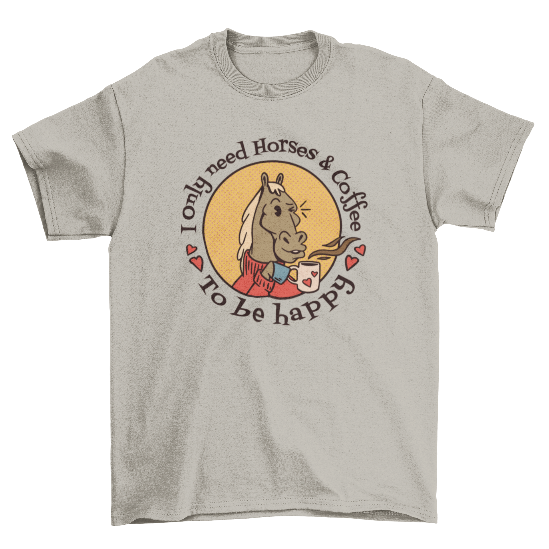 Vintage-style t-shirt featuring a horse drinking coffee in a badge design.