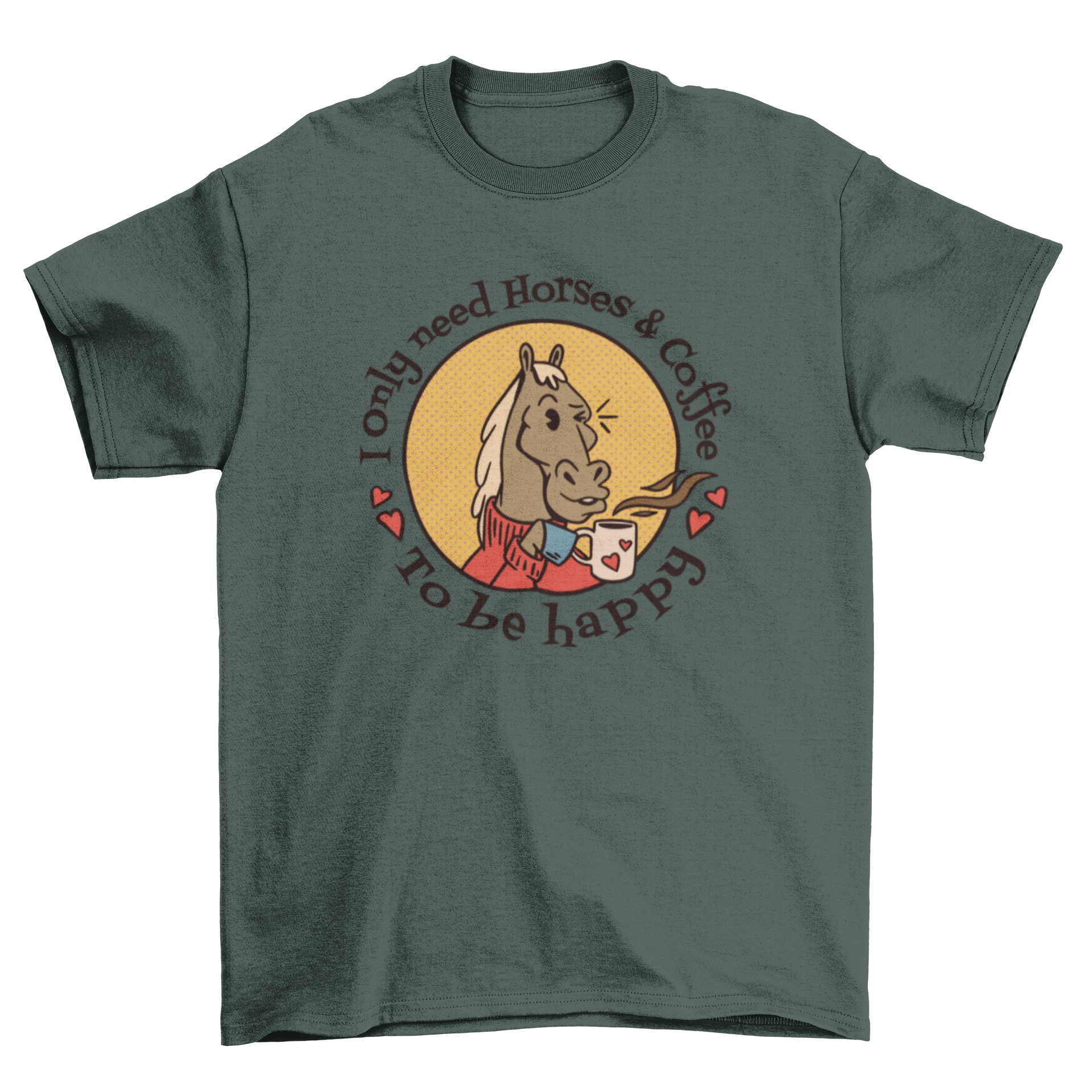 Vintage-style t-shirt featuring a horse drinking coffee in a badge design.