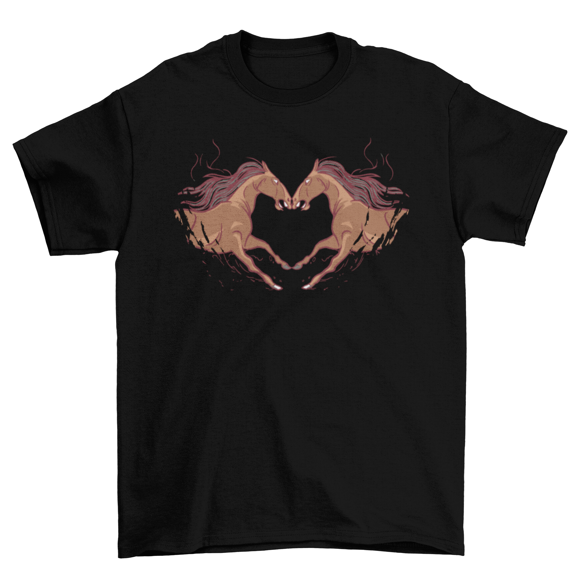 A cute t-shirt featuring two horses forming a heart shape with their bodies, perfect for horse lovers.