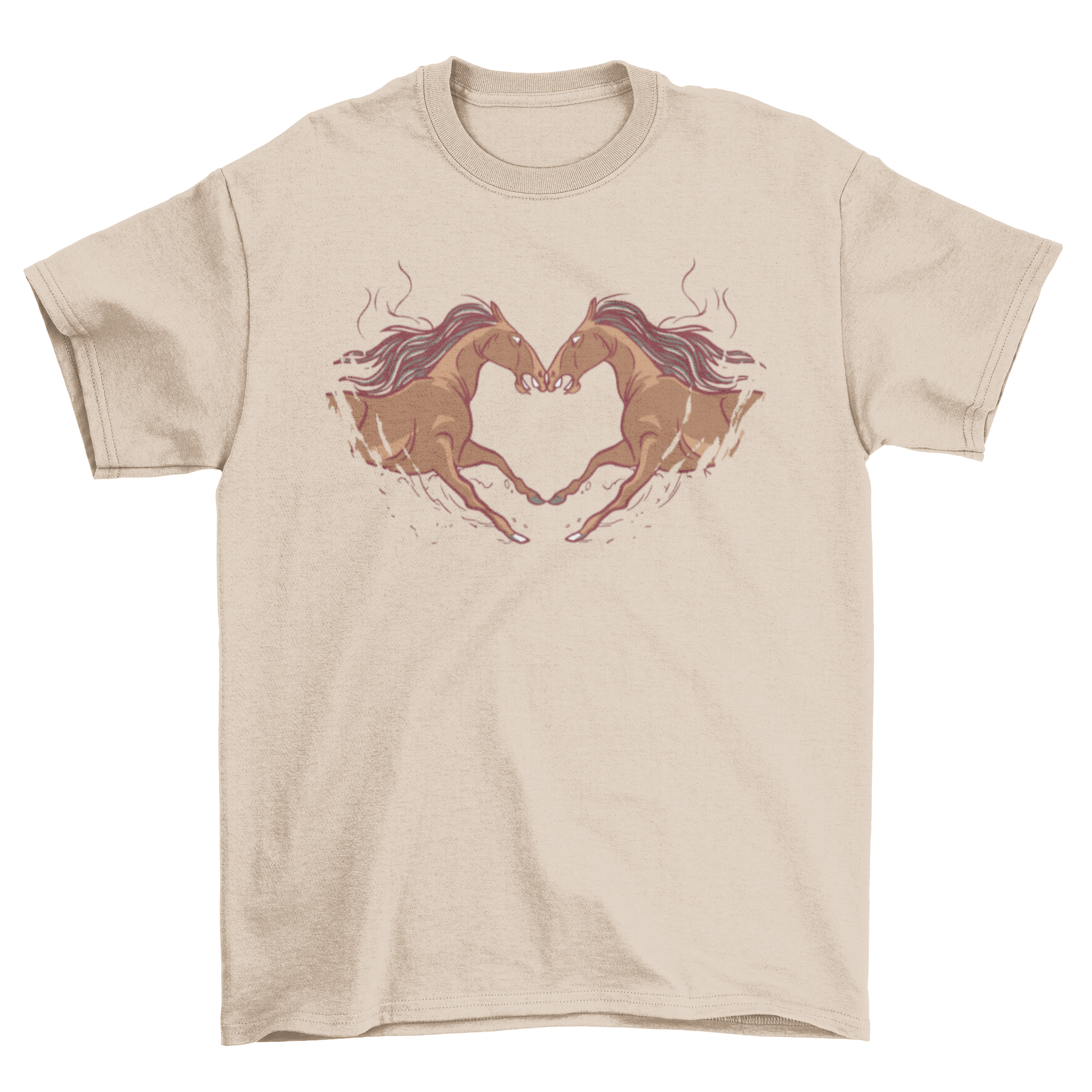 A cute t-shirt featuring two horses forming a heart shape with their bodies, perfect for horse lovers.