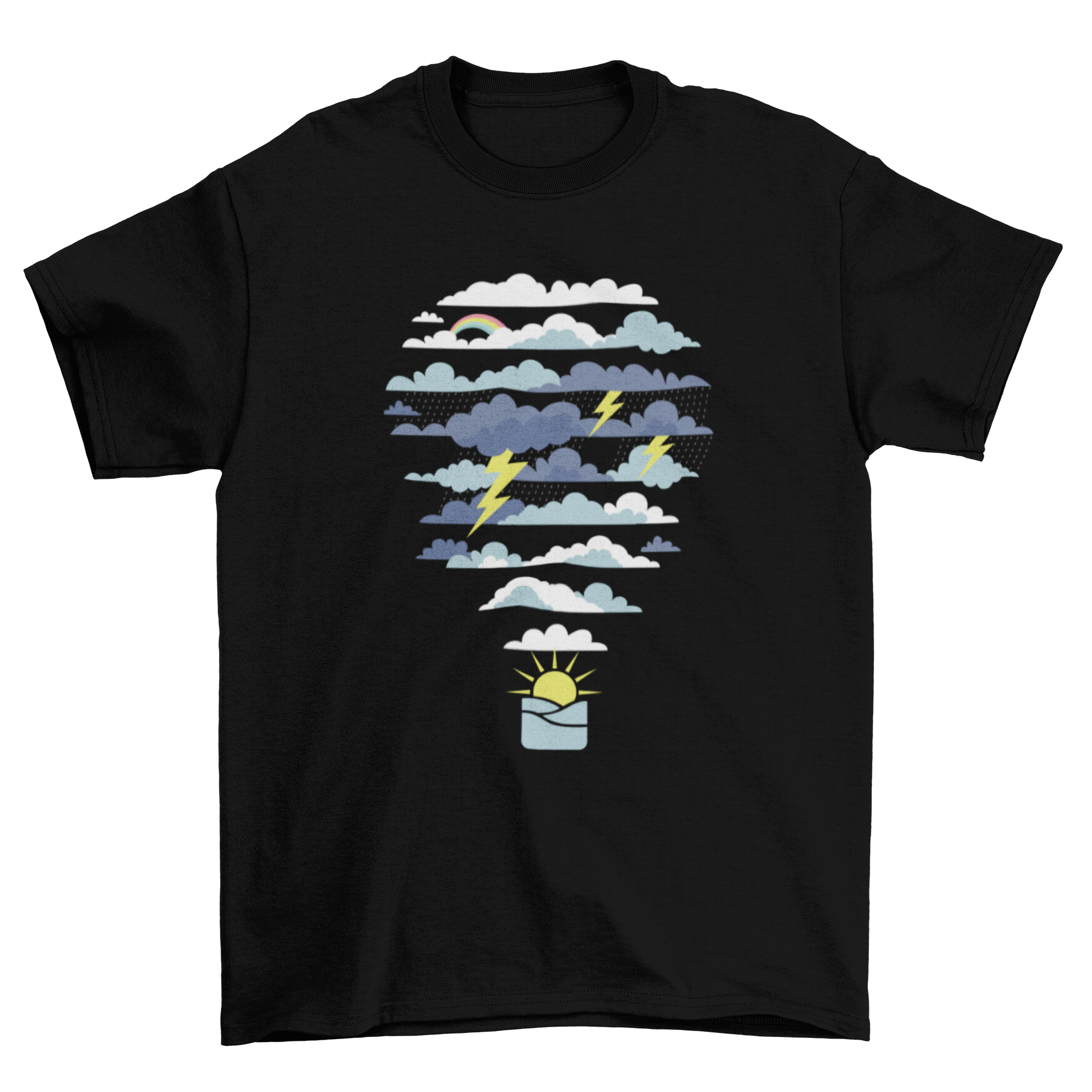 A colorful t-shirt featuring a hot air balloon design made of various weather elements like clouds and sun.