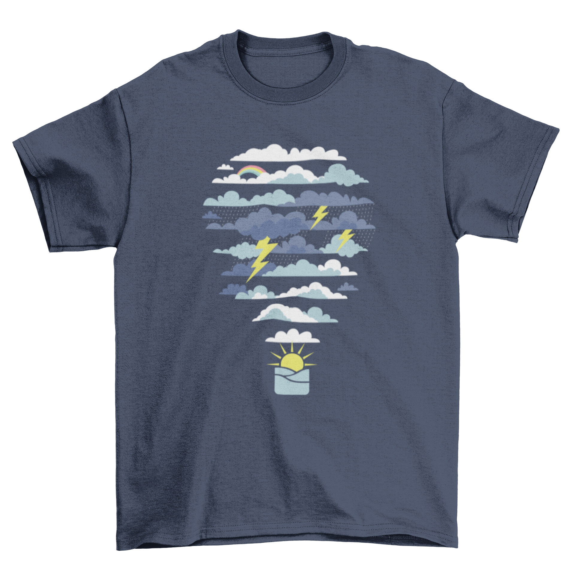 A colorful t-shirt featuring a hot air balloon design made of various weather elements like clouds and sun.