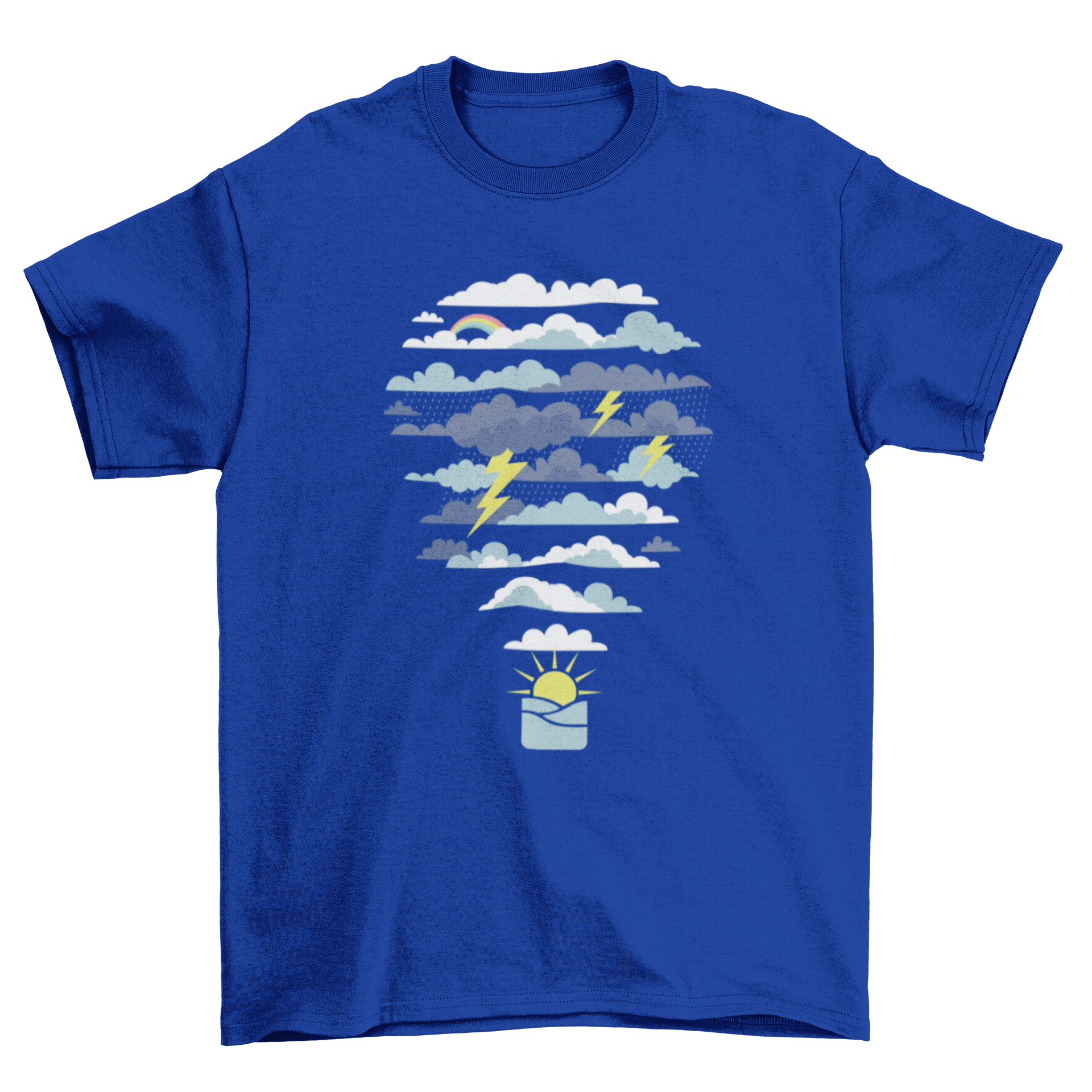 A colorful t-shirt featuring a hot air balloon design made of various weather elements like clouds and sun.